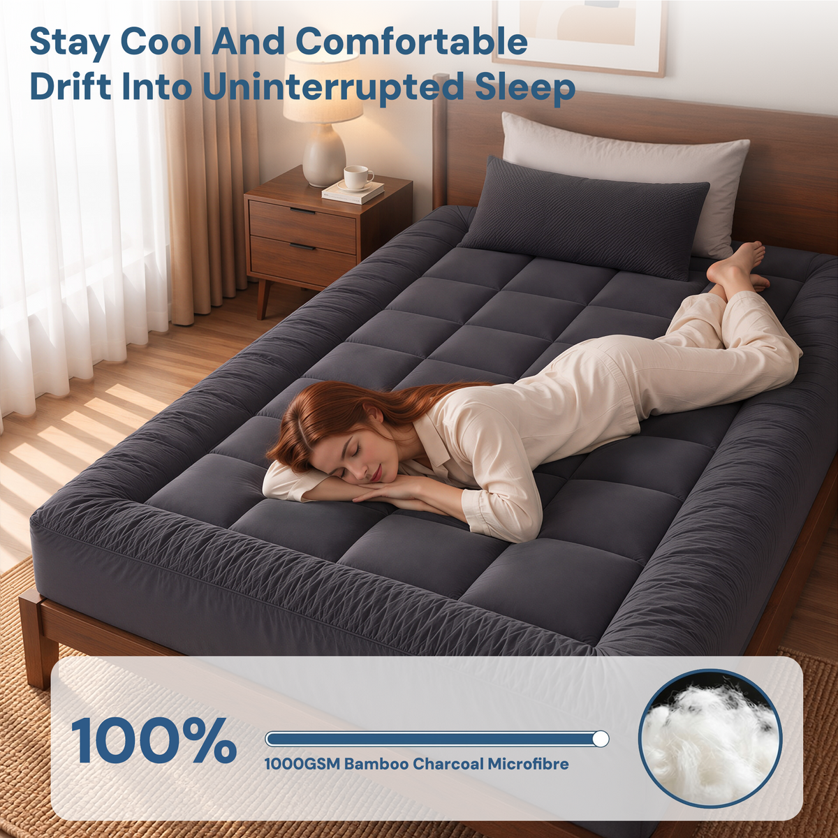 Giselle Bedding Single Bamboo Charcoal Pillowtop Mattress Topper 1000GSM