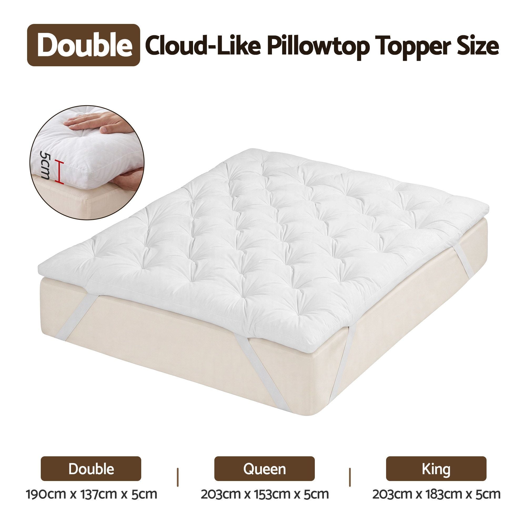 Giselle Double Pillow Top Mattress Topper 1300GSM White Duck Feather For Old Bed Upgrade 5cm Thick