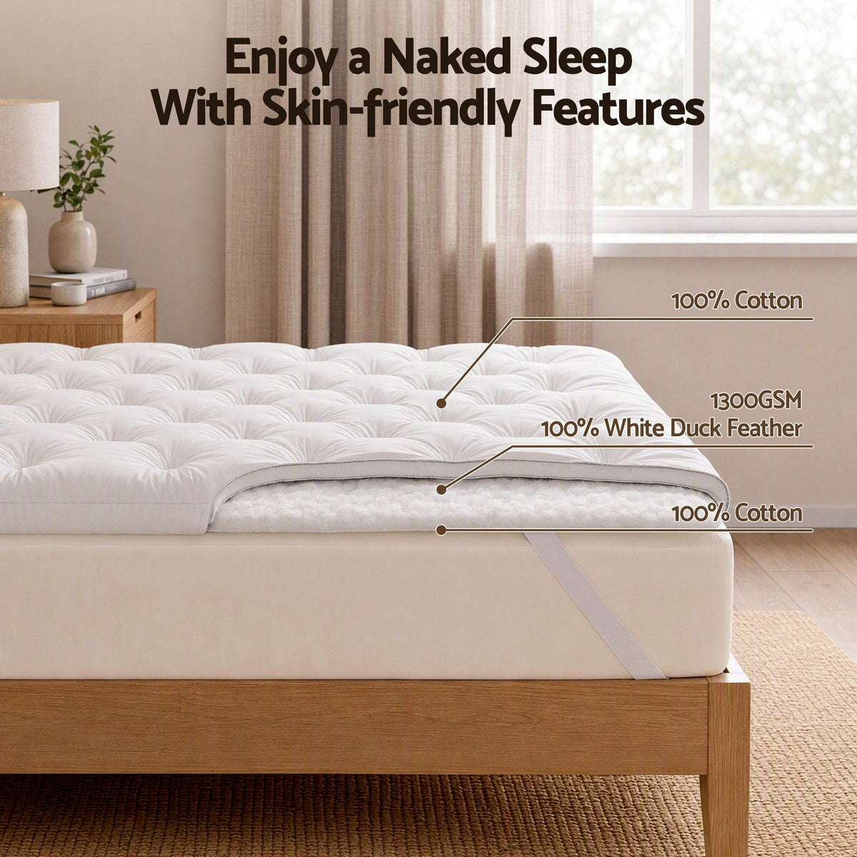 Giselle Double Pillow Top Mattress Topper 1300GSM White Duck Feather For Old Bed Upgrade 5cm Thick