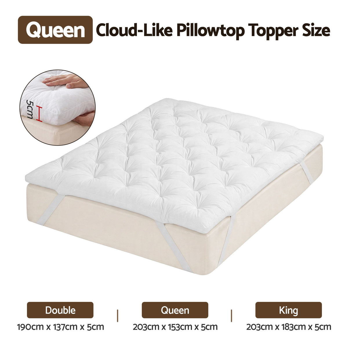 Giselle Queen Pillow Top Mattress Topper 1300GSM White Duck Feather For Old Bed Upgrade 5cm Thick