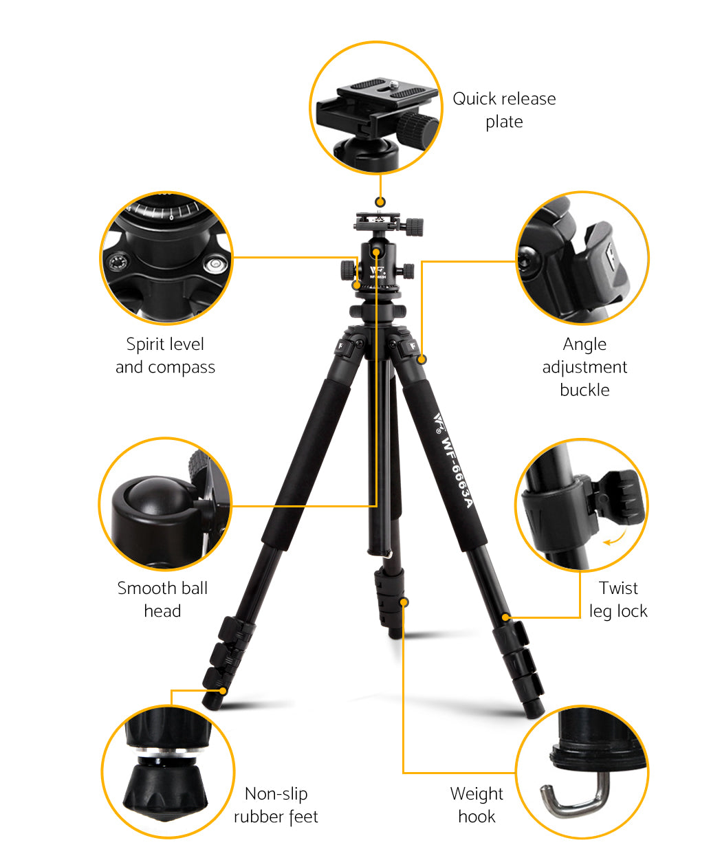 Weifeng Adjustable Camera Tripod 64-173cm DSLR Travel Magnesium Alloy