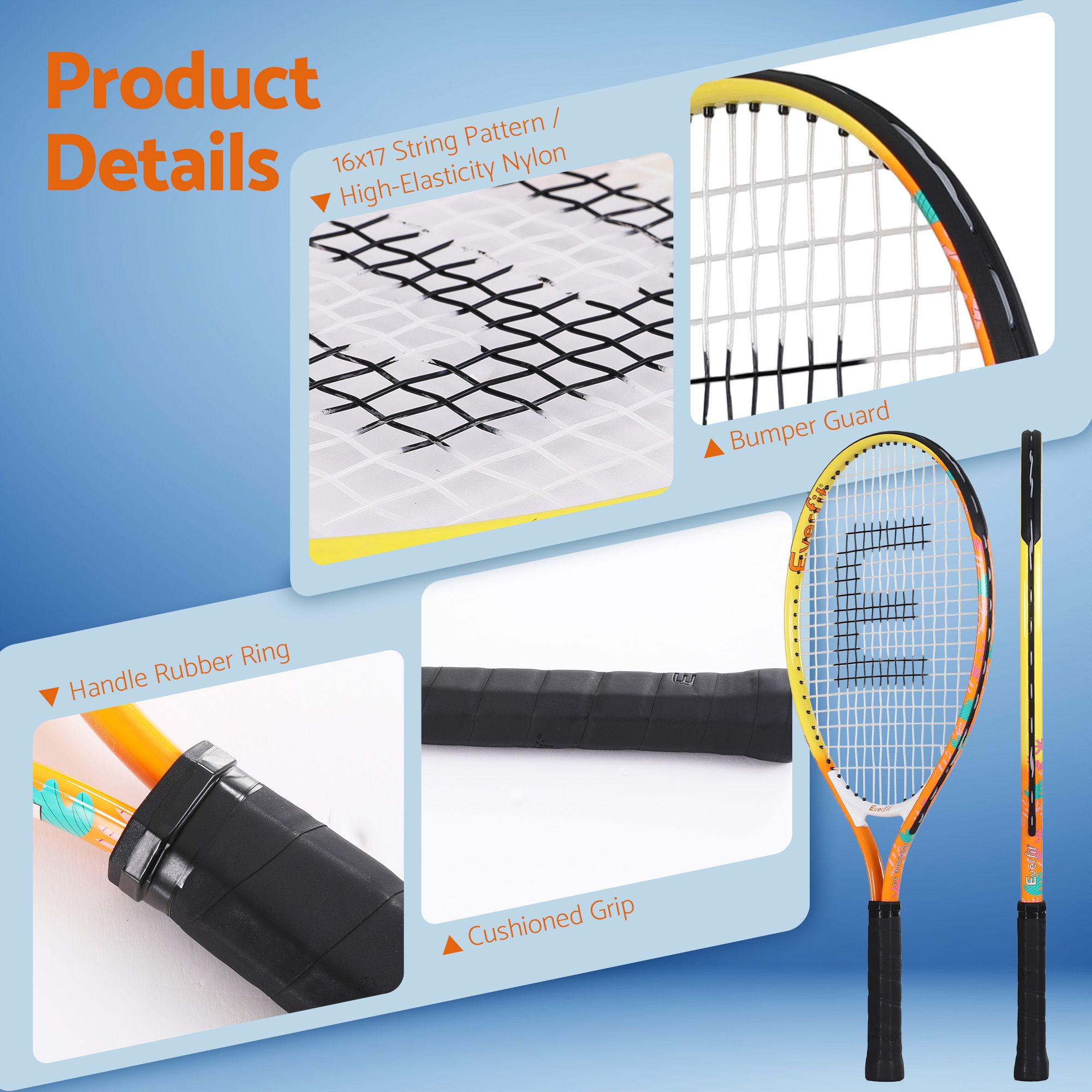 Everfit 23 Inch Tennis Racket Lightweight 200g for Adult and Junior Players Orange