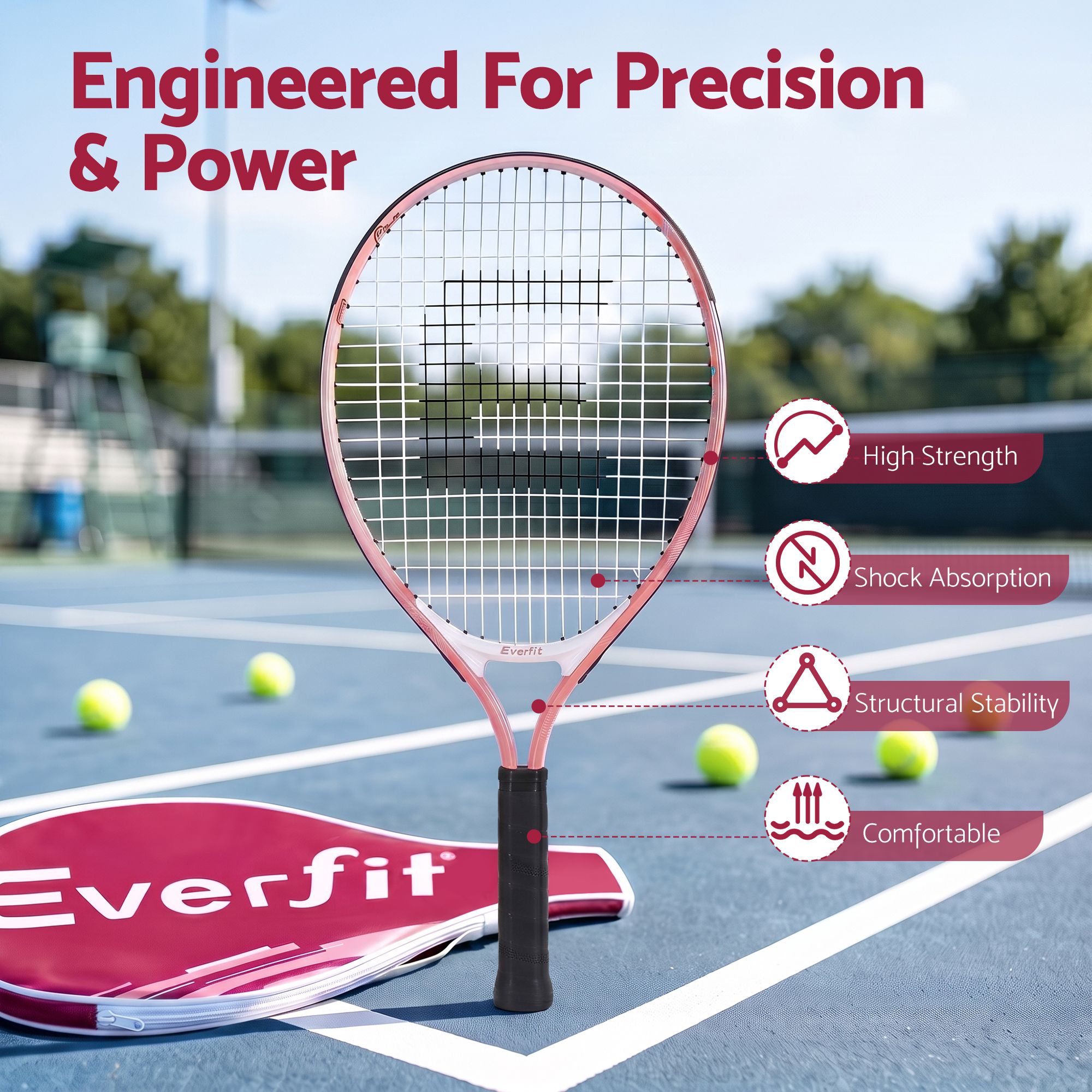 Title Everfit 23 Inch Tennis Racket Lightweight 200g for Adult and Junior Players Pink