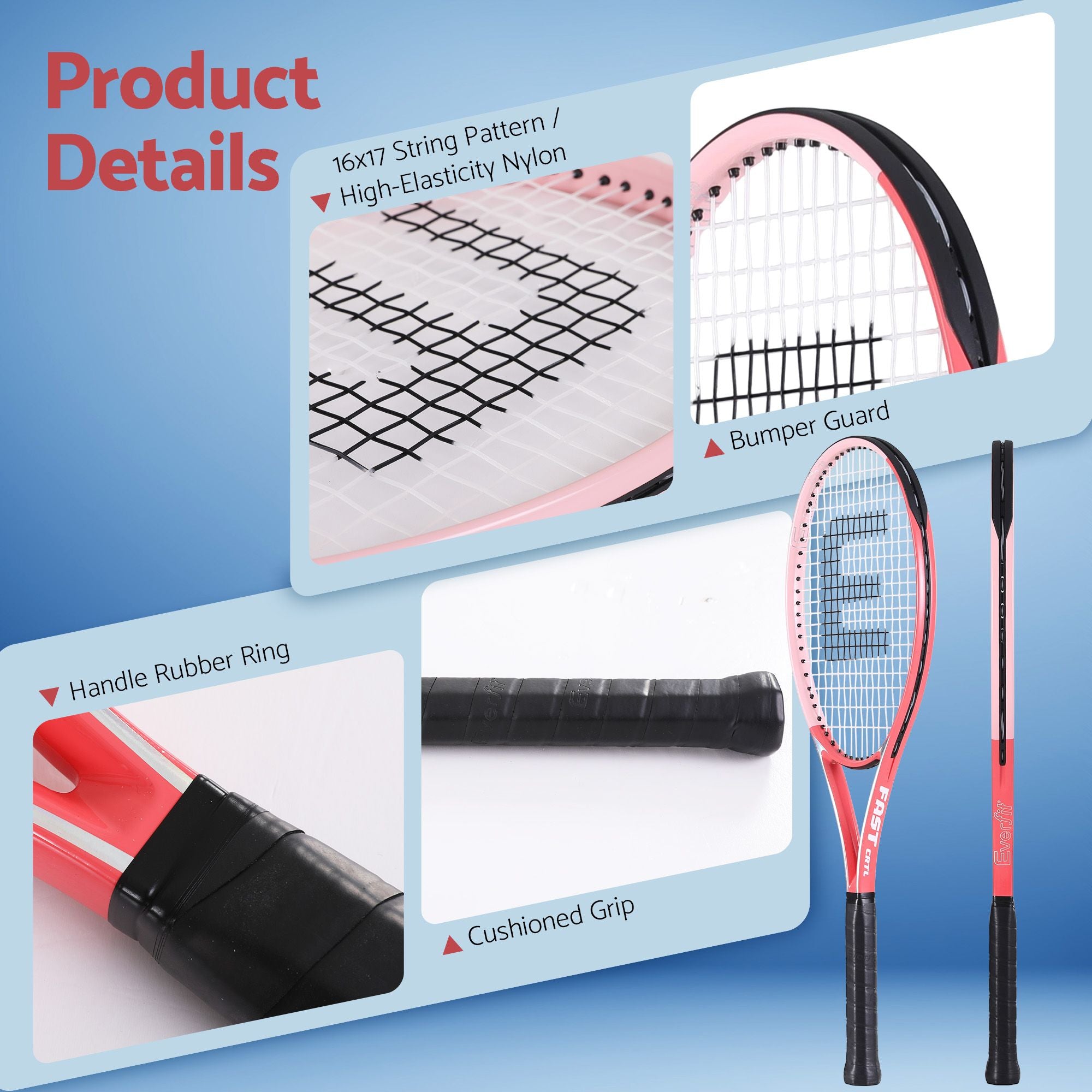 Everfit 27 Inch Tennis Racket Lightweight Racquet for Beginner Adult Players Pink