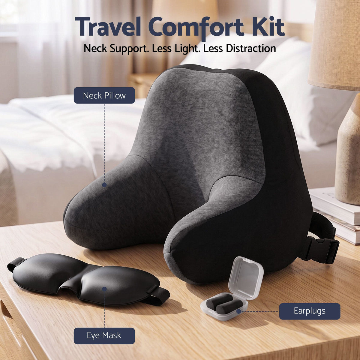 Wanderlite Travel Neck Pillow Portable for Airplane Memory Foam with Eyemask Earplugs Black