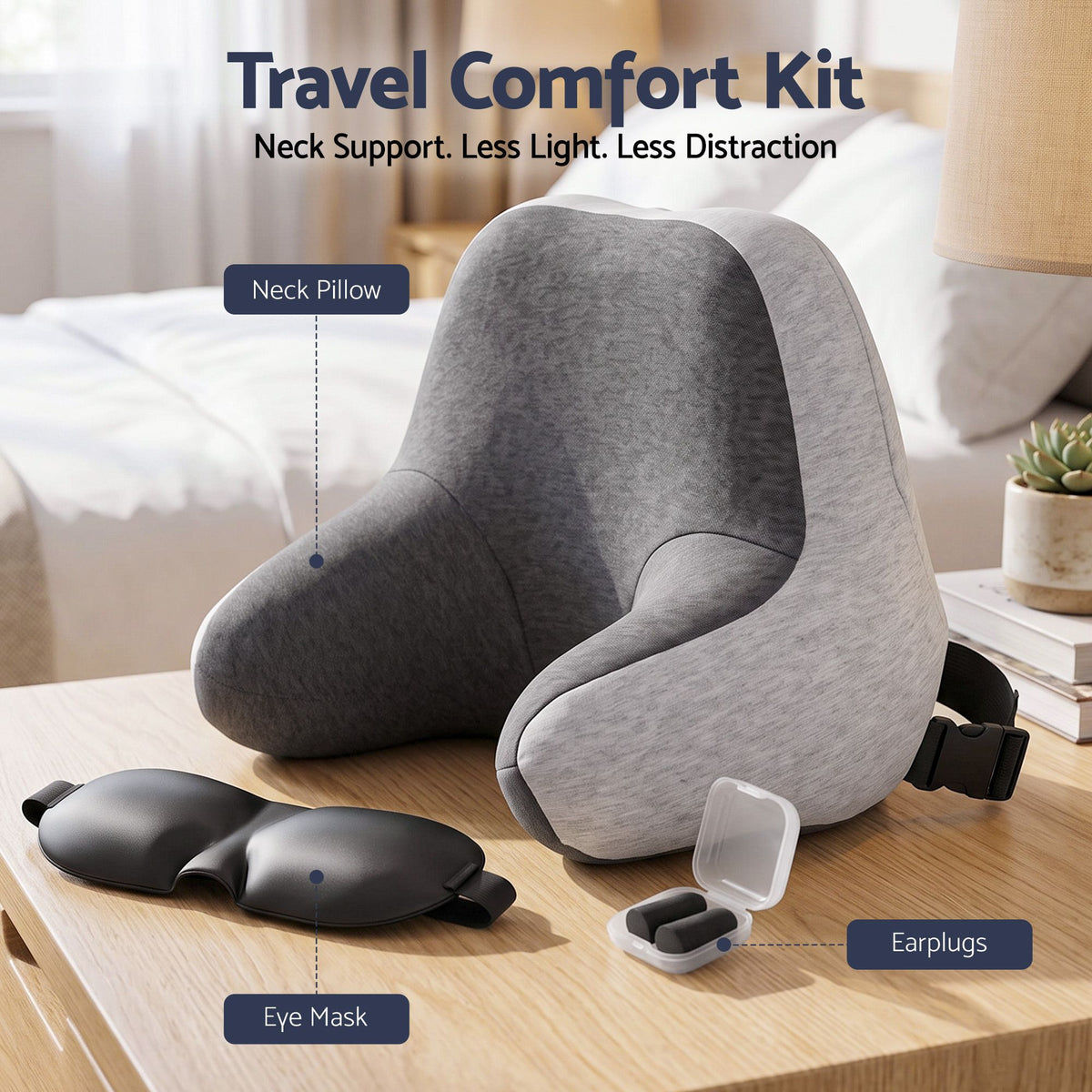 Wanderlite Travel Neck Pillow Portable for Airplane Memory Foam with Eyemask Earplugs Grey