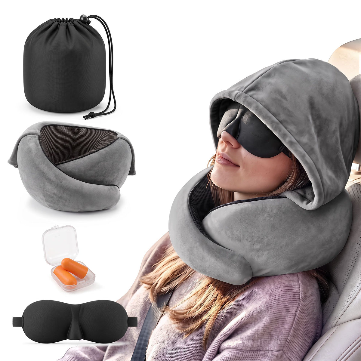 Wanderlite Hooded Travel Neck Pillow with Eye Mask, Dark Grey