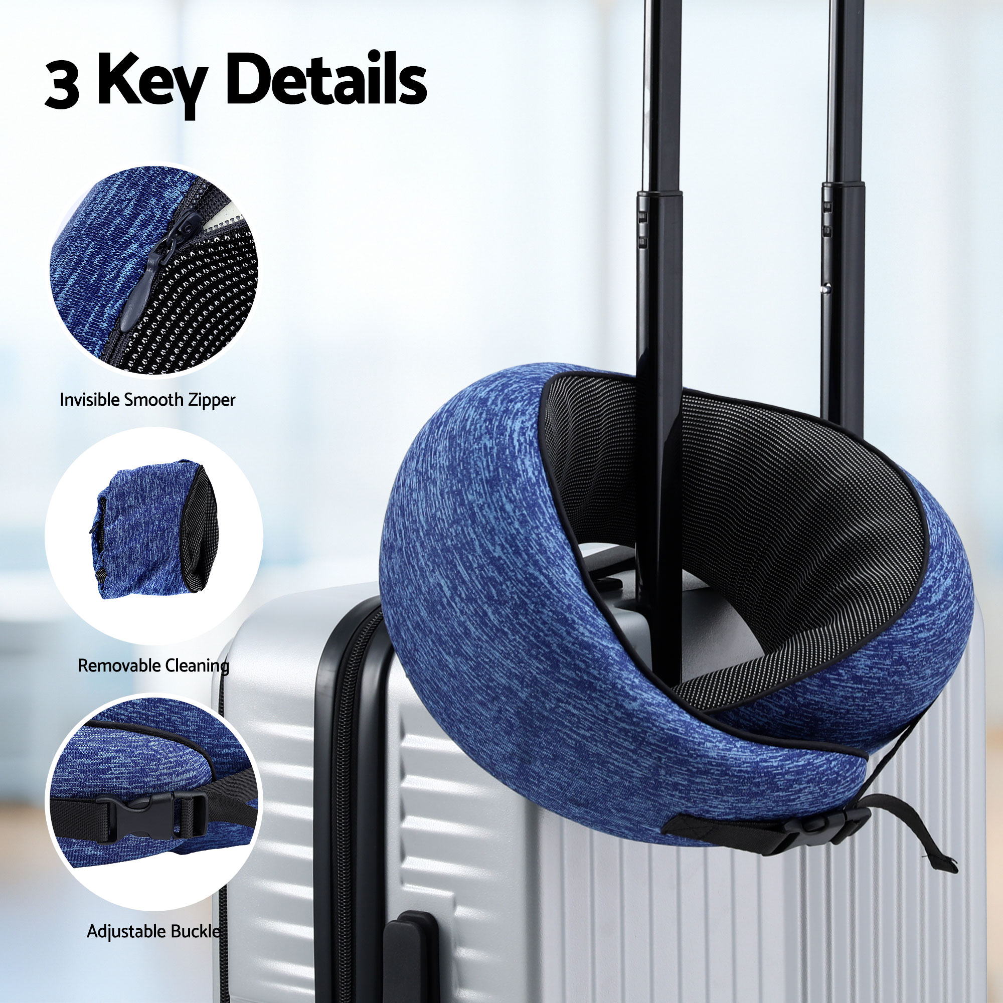 Wanderlite Travel Pillows for Airplanes Ergonomic Memory Foam Neck Pillow, Breathable & Washable Cover, Travel Bag Included, Airplane Pillow for Airplane, Car, Office and Home, Blue