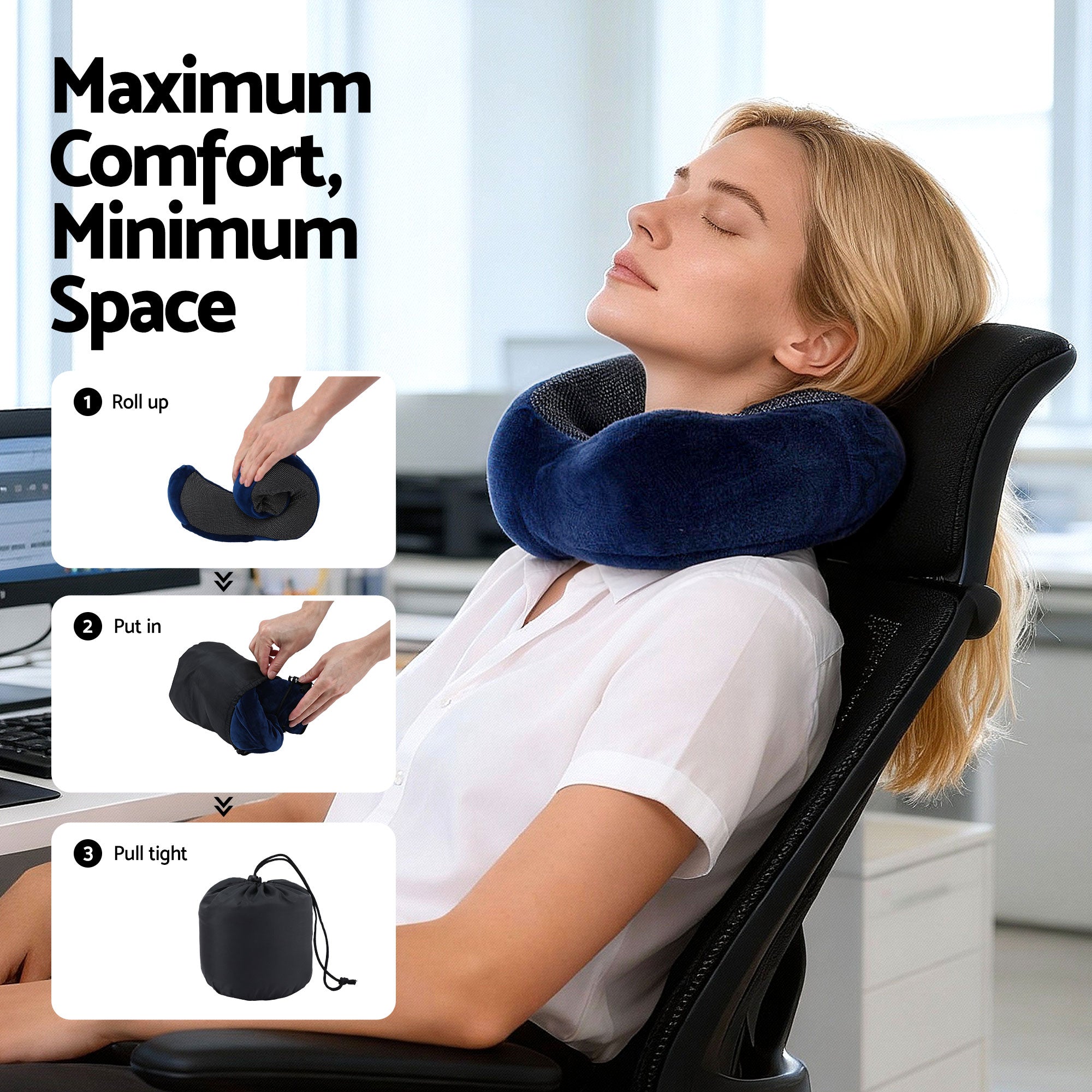 Wanderlite Travel Pillow for Airplanes Memory Foam Neck Pillows for Traveling, Soft & Washable Cover with Storage Bag, Portable Plane Accessories for Airplanes Offices Cars, Blue