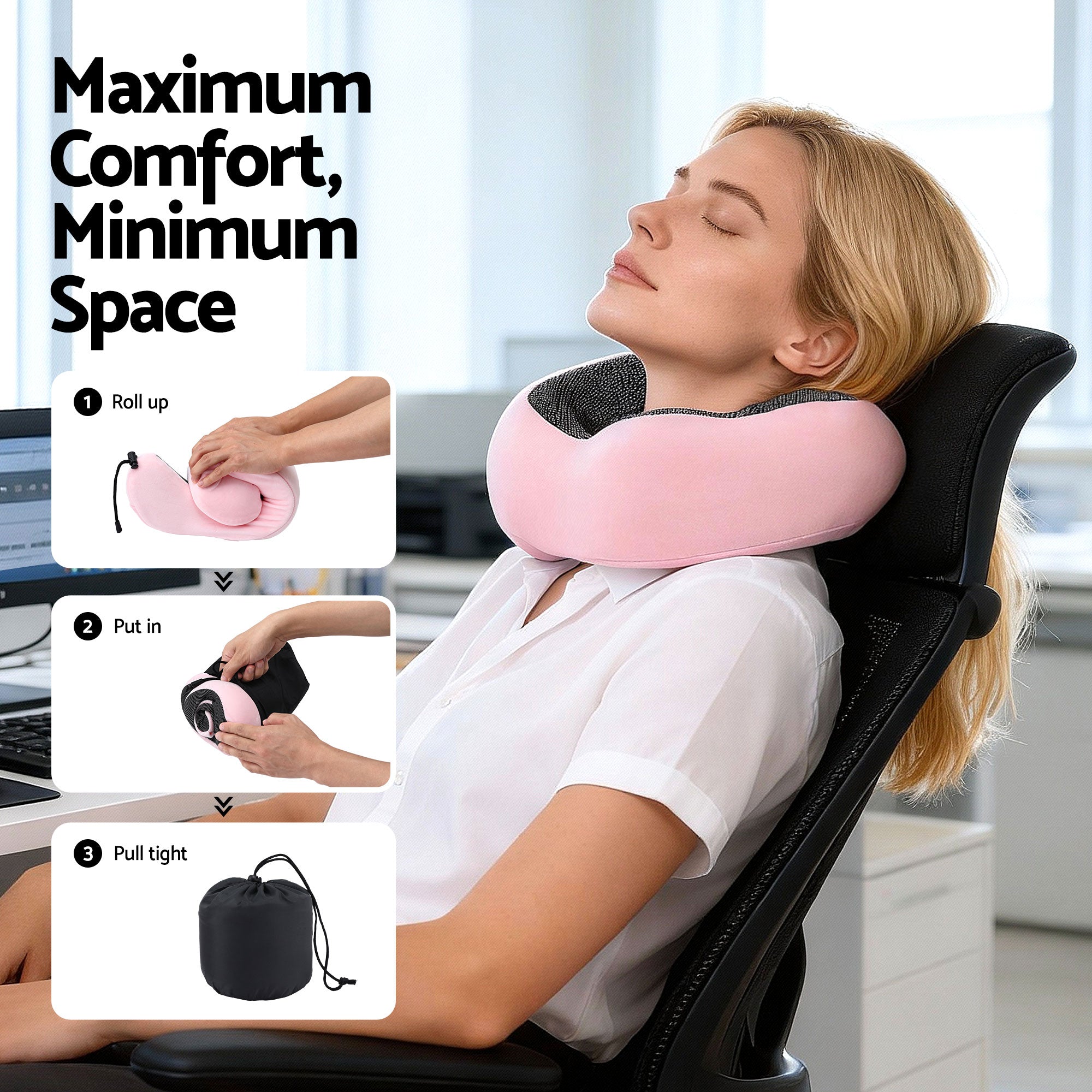 Wanderlite Travel Pillow for Airplanes Memory Foam Neck Pillows for Traveling, Soft & Washable Cover with Storage Bag, Portable Plane Accessories for Airplanes Offices Cars, Pink