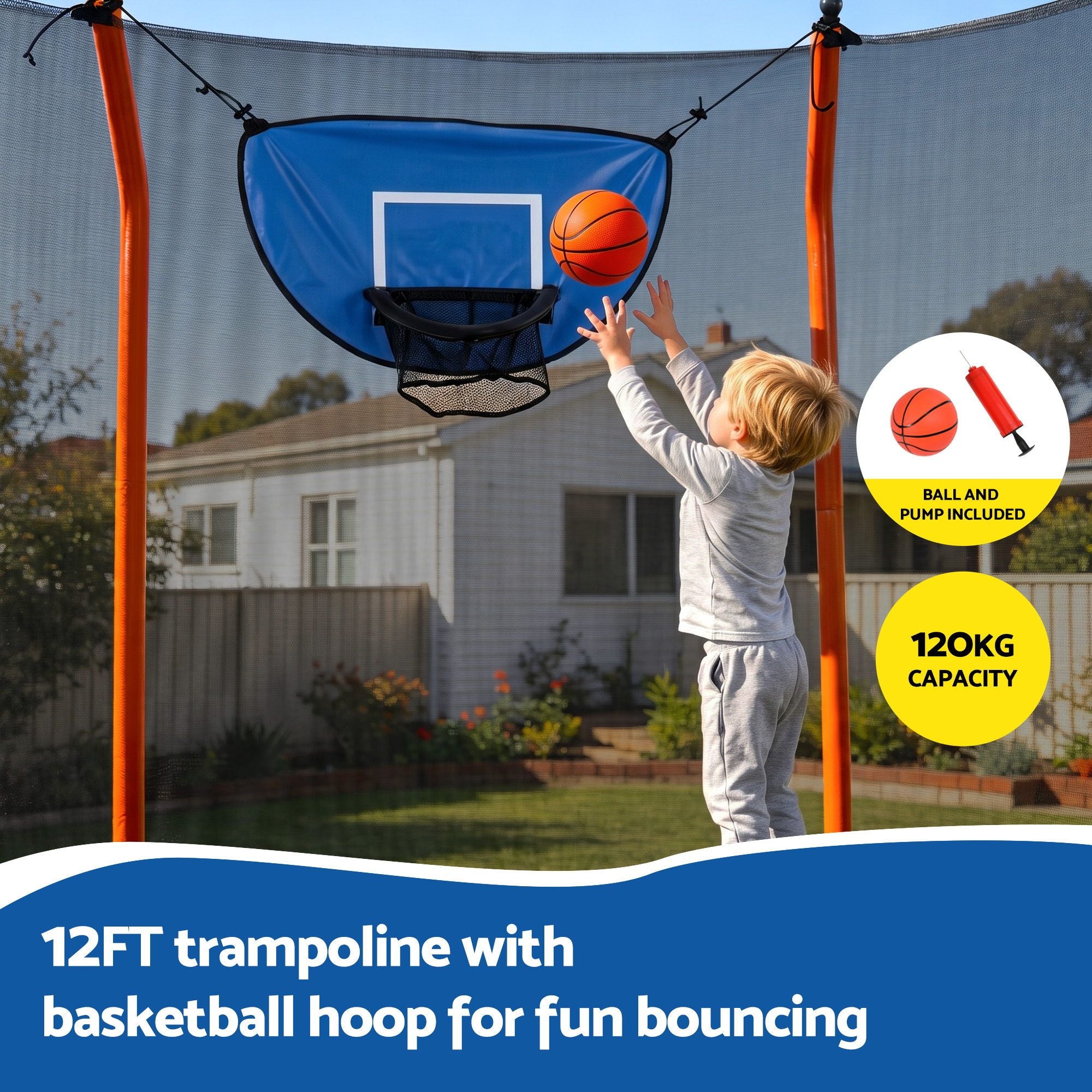 Everfit 12FT Kids Trampoline Rectangle Rebounder with Basketball Set Blue