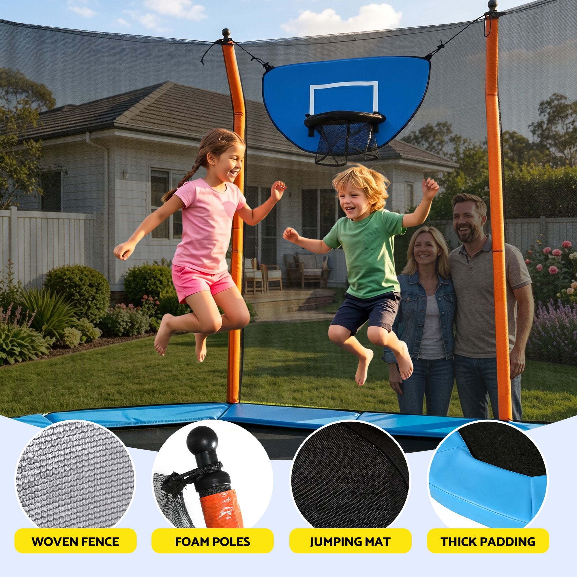 Everfit 12FT Kids Trampoline Rectangle Rebounder with Basketball Set Blue