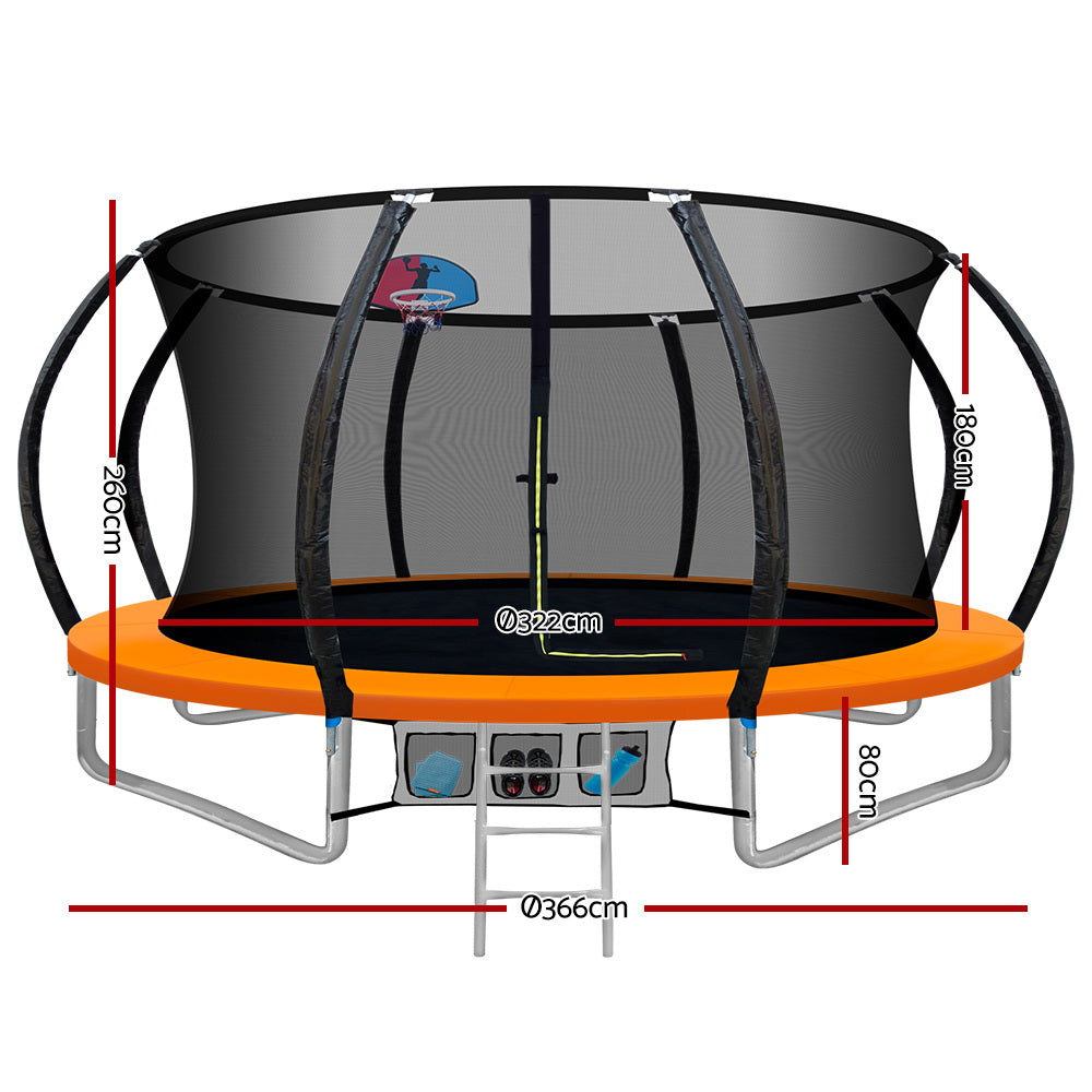 Everfit 12ft Kids Trampoline with Safety Enclosure and Ladder, Orange