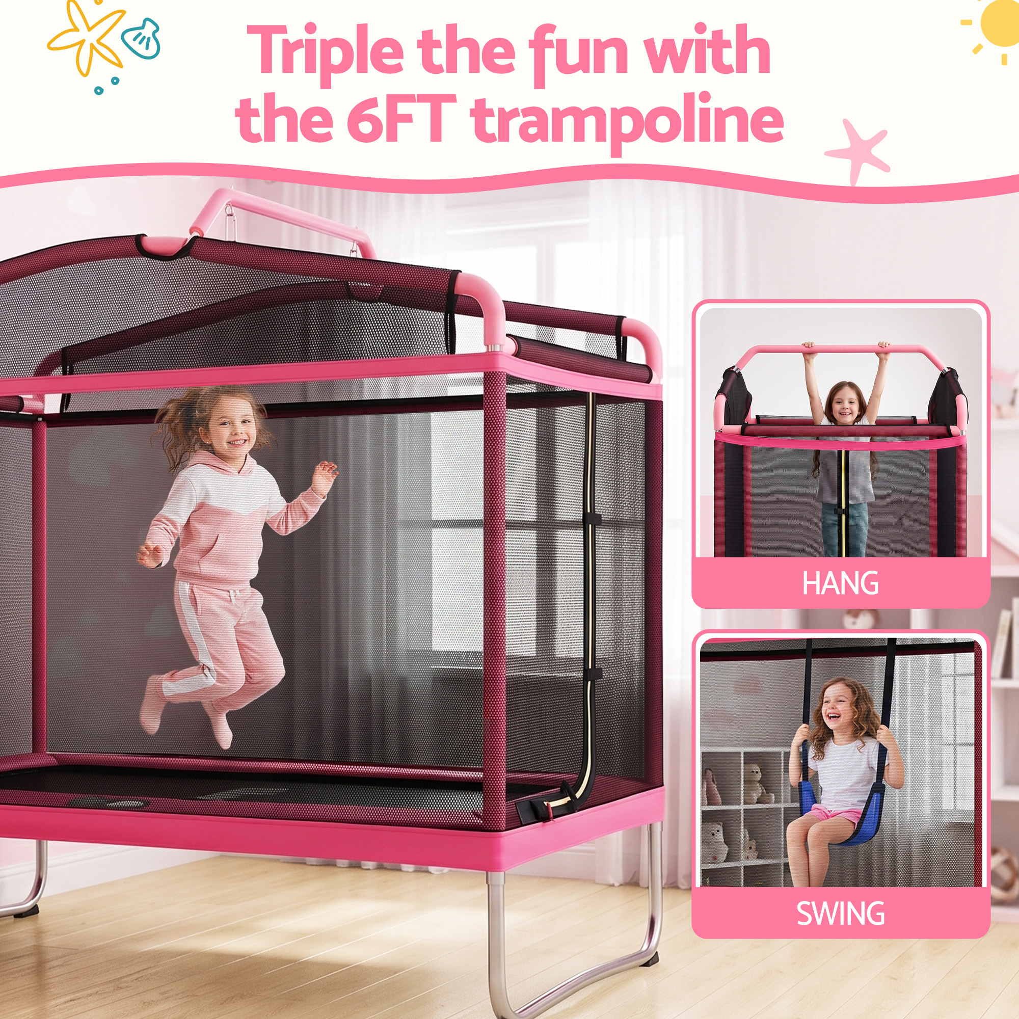 Everfit 3-in-1 Kids Rectangle 6FT Trampoline Rebounder with Swing Belt Pink