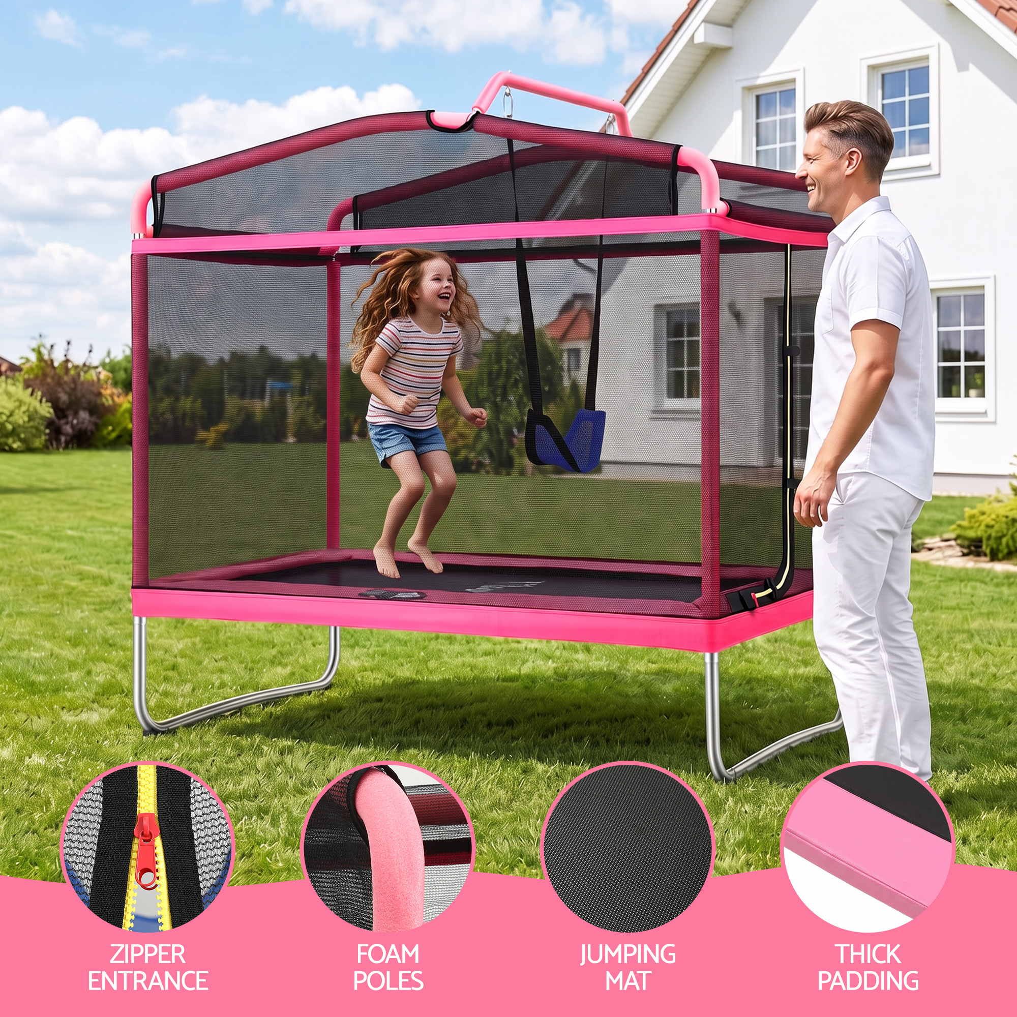 Everfit 3-in-1 Kids Rectangle 6FT Trampoline Rebounder with Swing Belt Pink