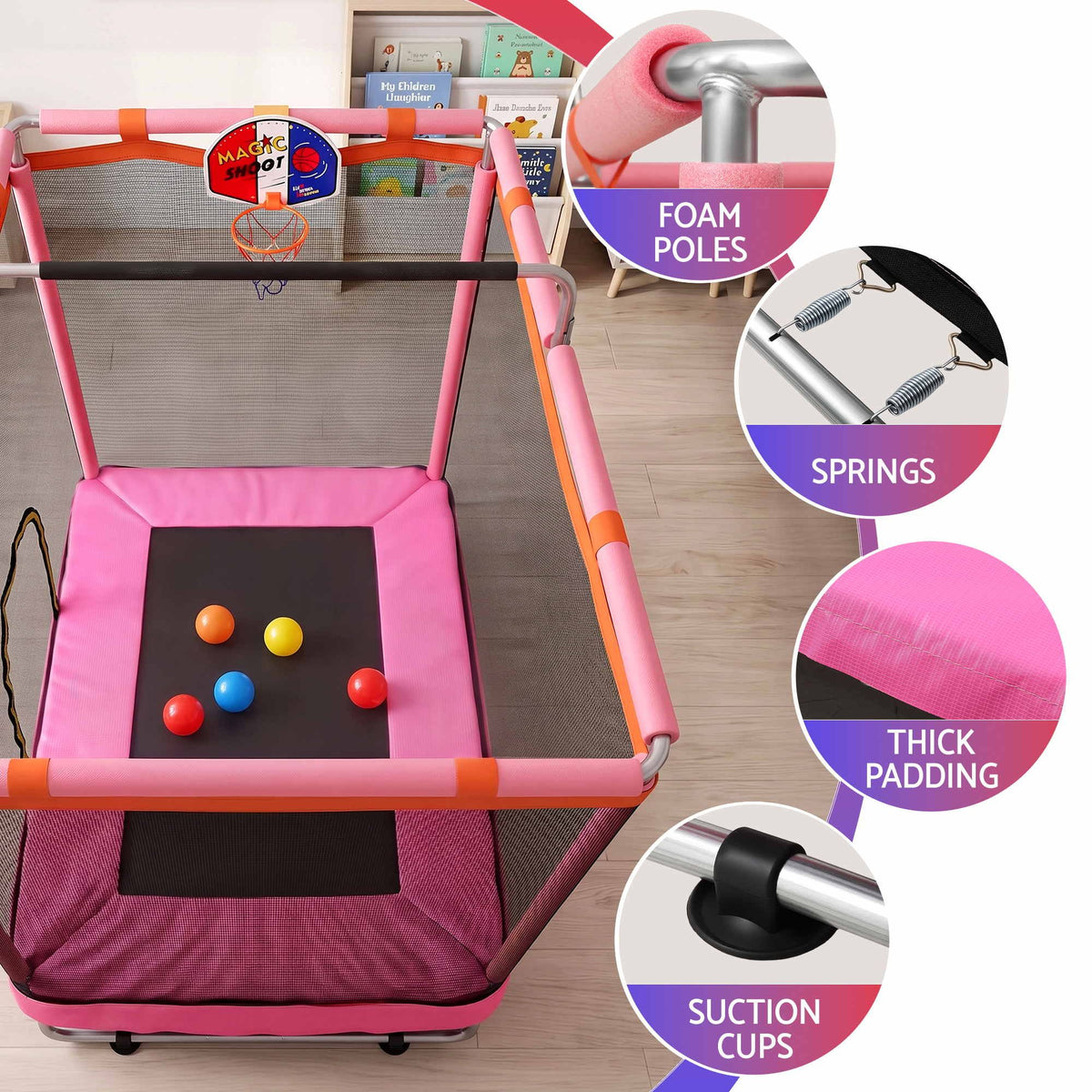 Everfit Kids 4.5FT Trampoline with Basketball Hoop Pink