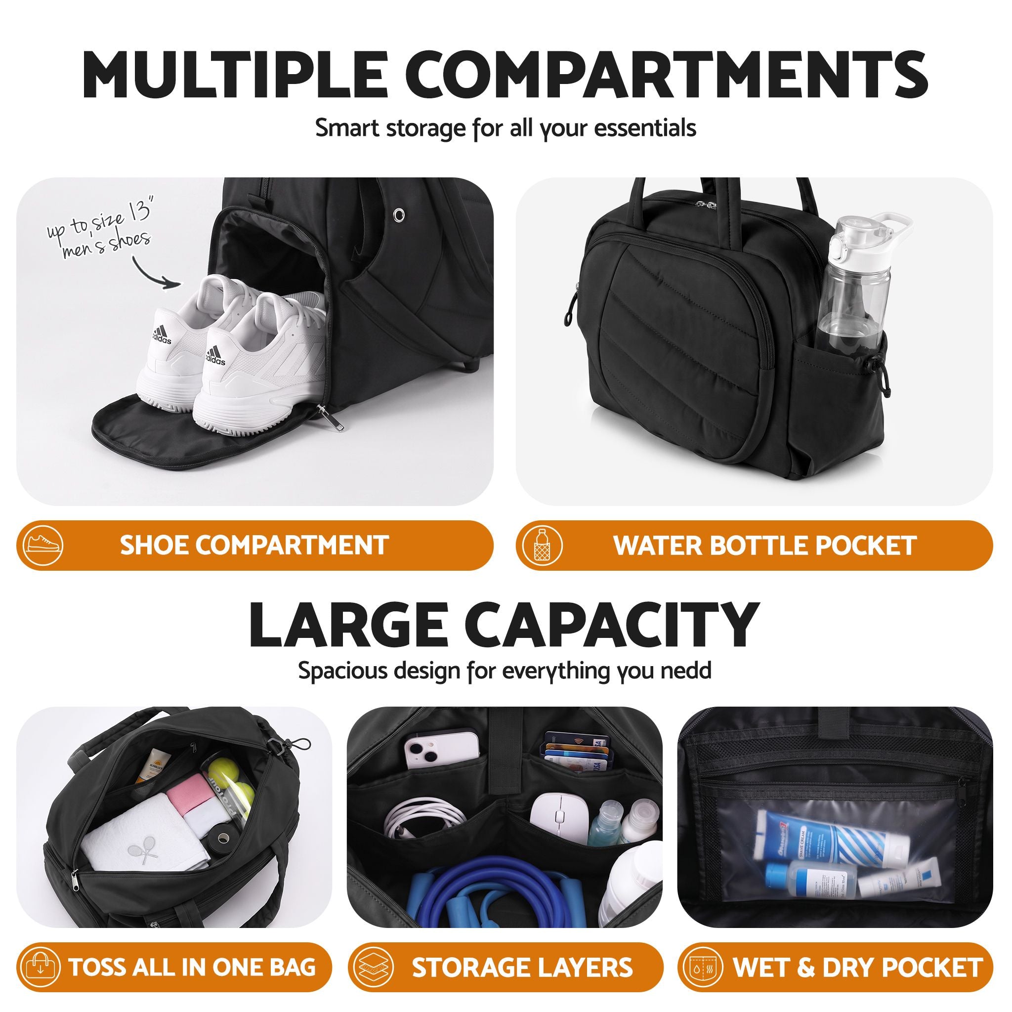 Everfit Tennis Tote Bag Gym Bag Sports Duffle Bags Holds 2 Rackets Black
