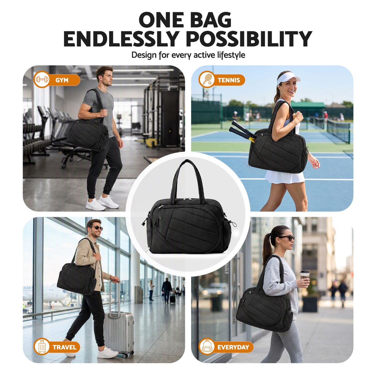Everfit Tennis Tote Bag Gym Bag Sports Duffle Bags Holds 2 Rackets Black