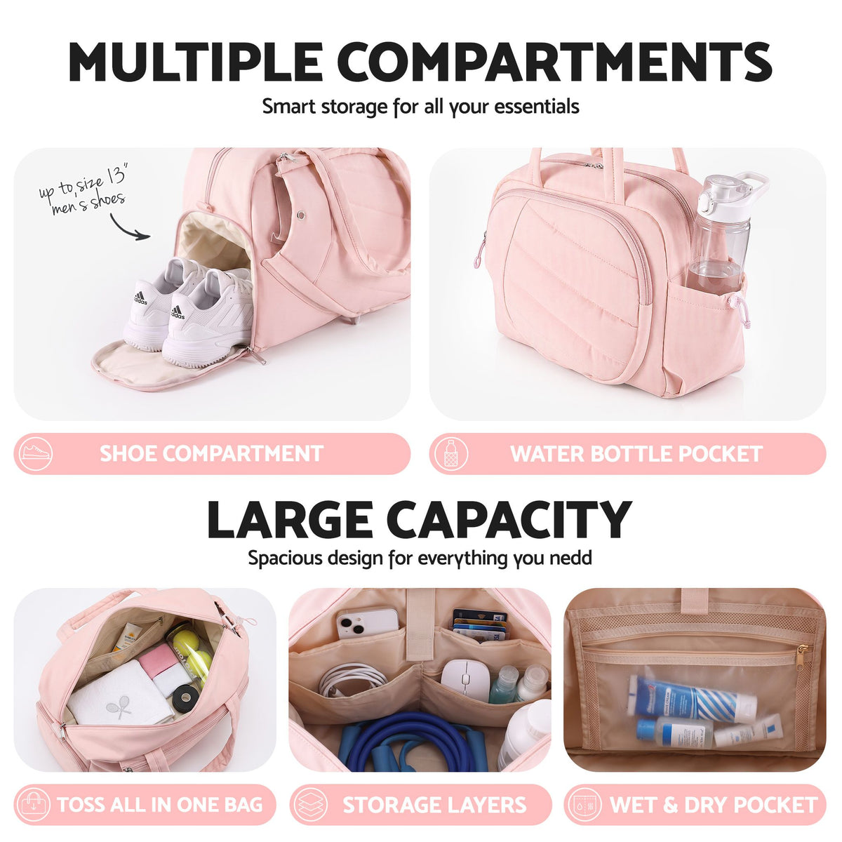 Everfit Tennis Tote Bag Gym Bag Sports Duffle Bags Holds 2 Rackets Pink