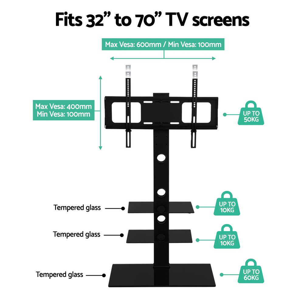 Artiss TV Floor Stand 32"-70" LED LCD Mount Bracket 3-Tier Storage Black