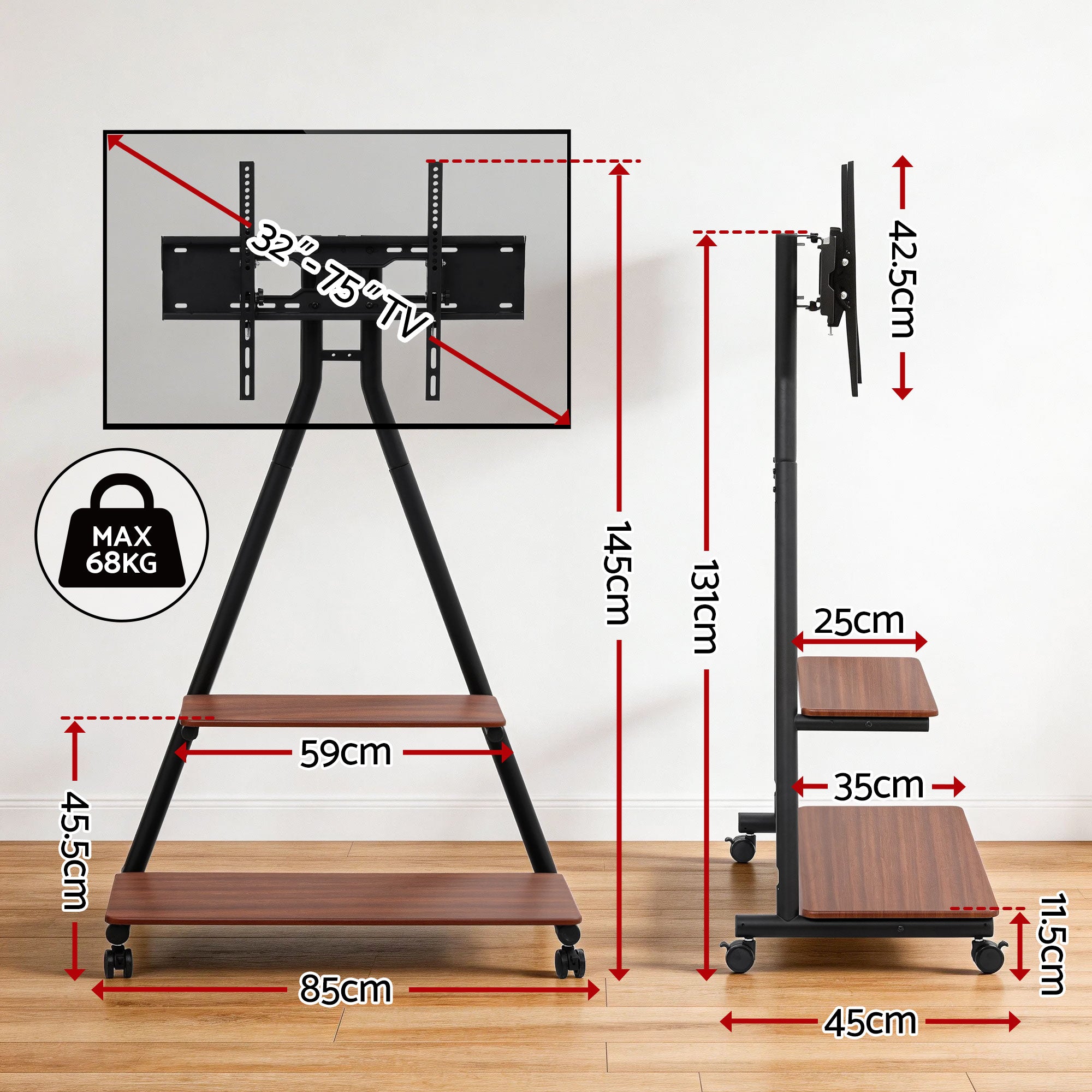 Artiss Mobile TV Stand Rolling Cart Wheels 32-75" Heavy Duty 133kg Mount Bracket