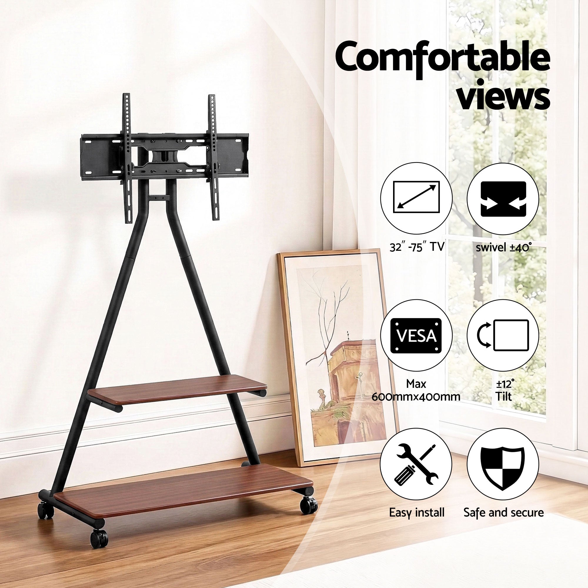 Artiss Mobile TV Stand Rolling Cart Wheels 32-75" Heavy Duty 133kg Mount Bracket