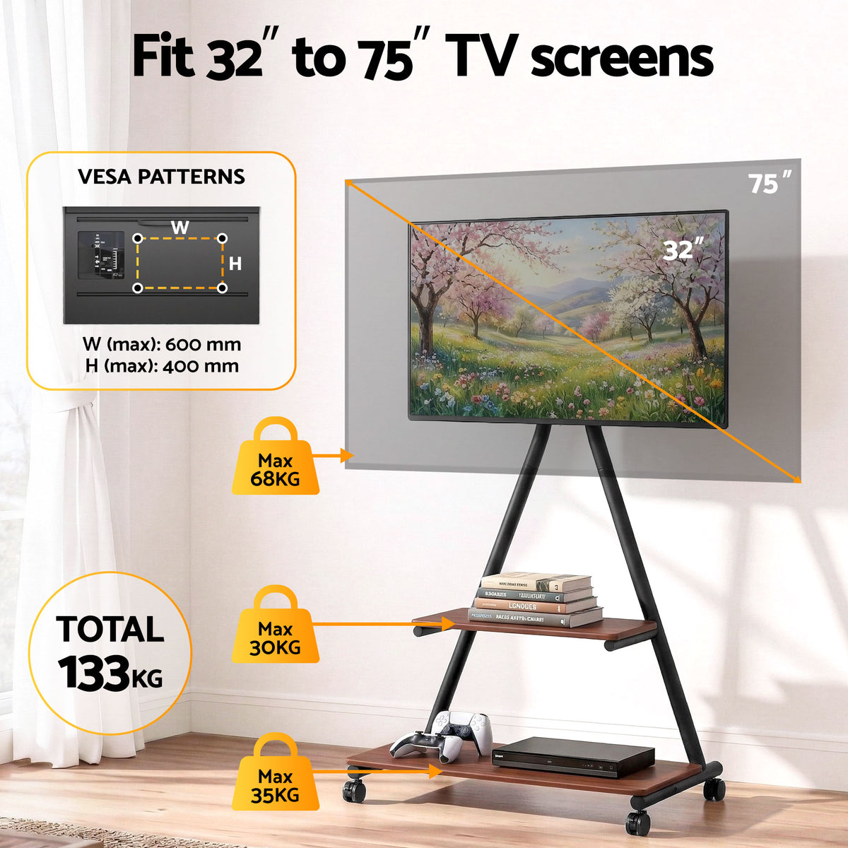 Artiss Mobile TV Stand Rolling Cart 32-75 Inch Heavy Duty 133kg