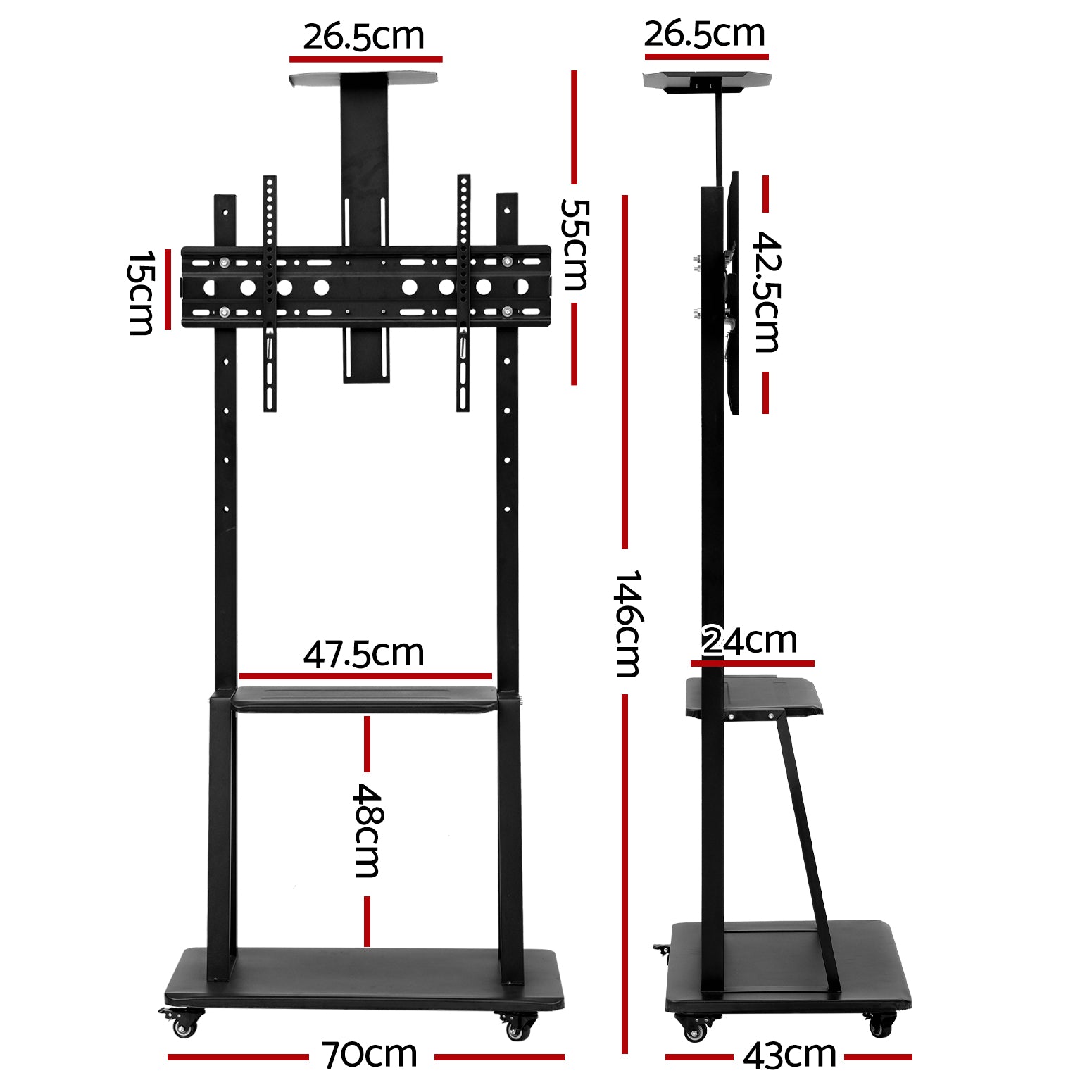 Artiss Mobile TV Stand 32"-75" Adjustable Black