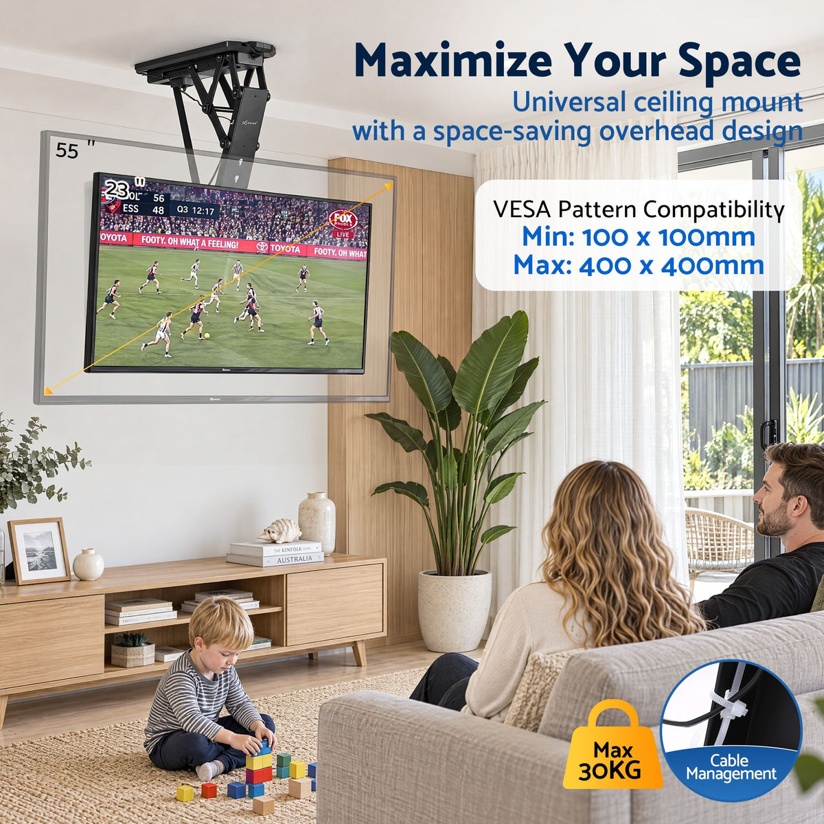 Artiss Motorised Ceiling TV Mount Flip Down 23-55 Inch VESA 400x400 Remote 30kg
