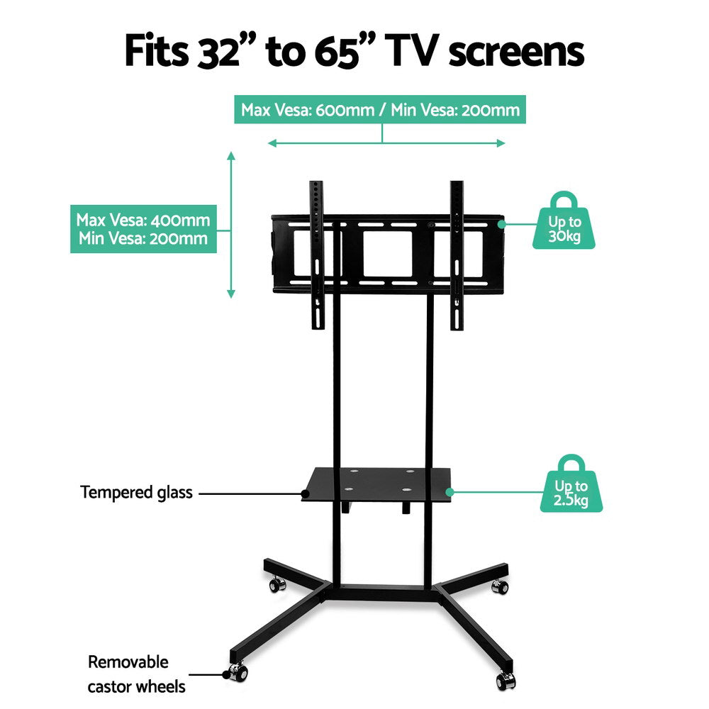 Artiss Mobile TV Stand 32"-65" Black Adjustable Mount Bracket Trolley Cart