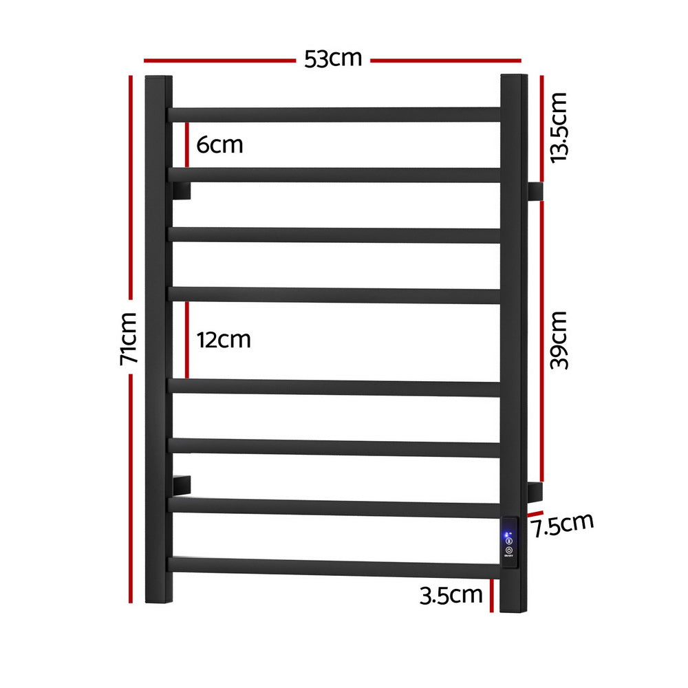Devanti 8-Bar Heated Towel Rail Electric Timer Black