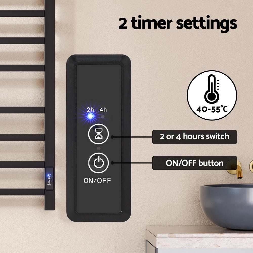 Devanti 8-Bar Heated Towel Rail Electric Timer Black