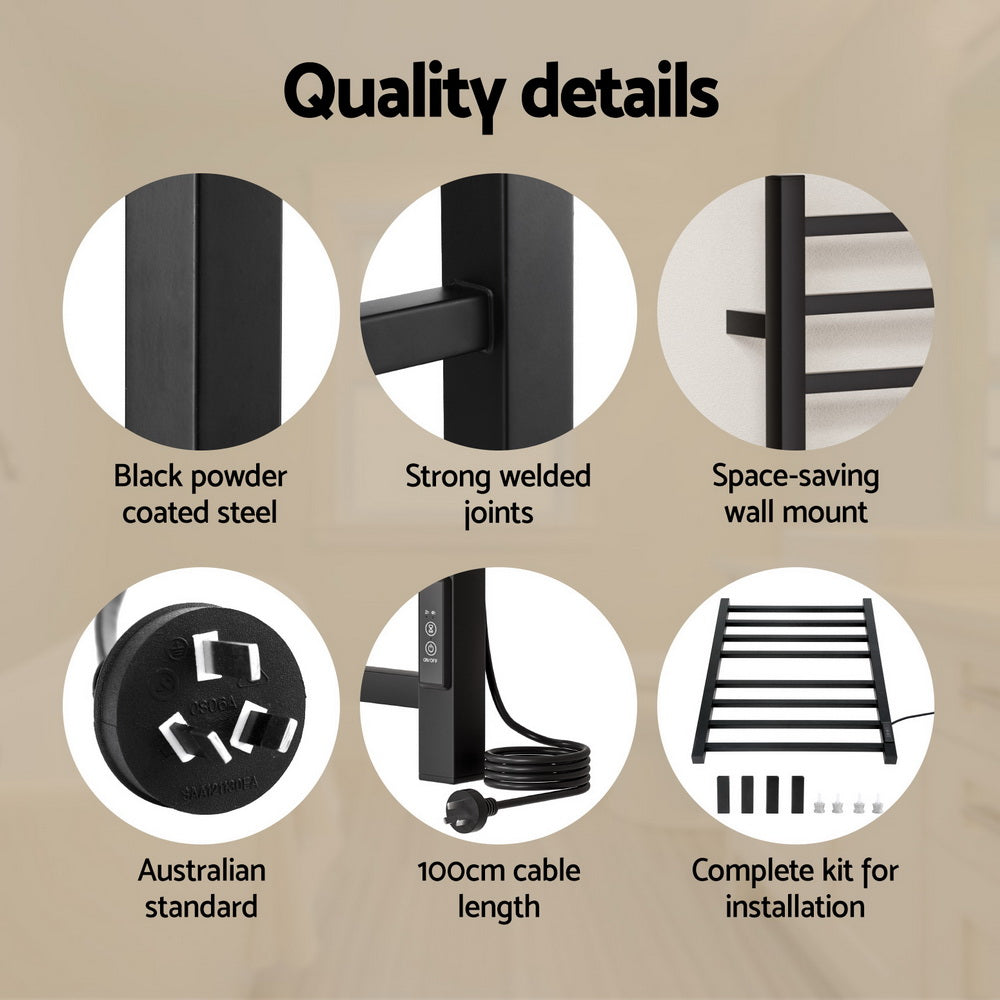 Devanti 8-Bar Heated Towel Rail Electric Timer Black