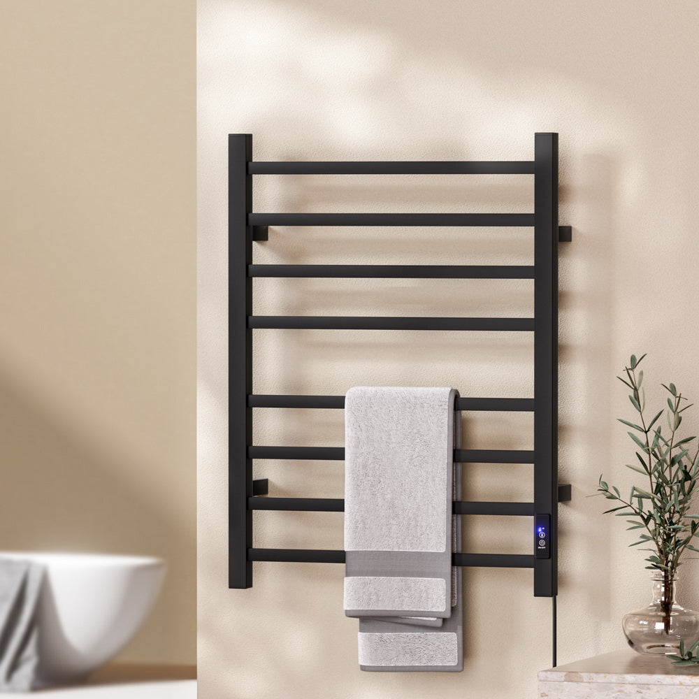 Devanti 8-Bar Heated Towel Rail Electric Timer Black