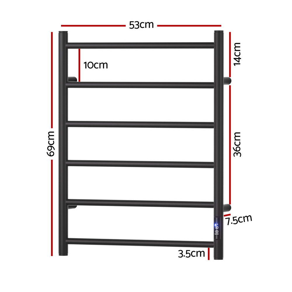 Devanti 6-Bar Heated Towel Rail Electric Timer Black