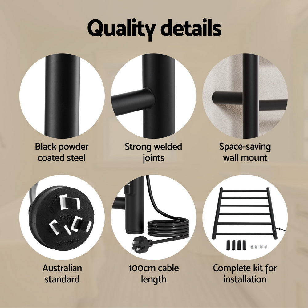 Devanti 6-Bar Heated Towel Rail Electric Timer Black