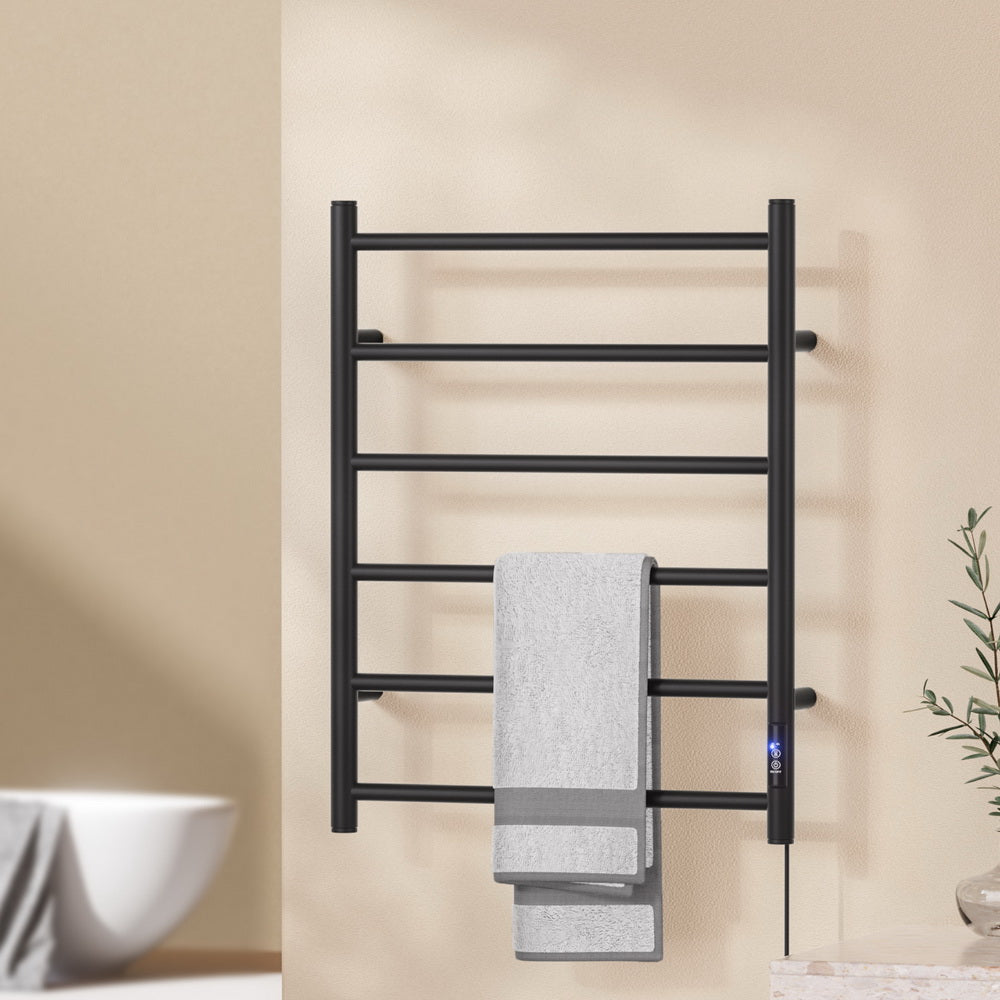 Devanti 6-Bar Heated Towel Rail Electric Timer Black