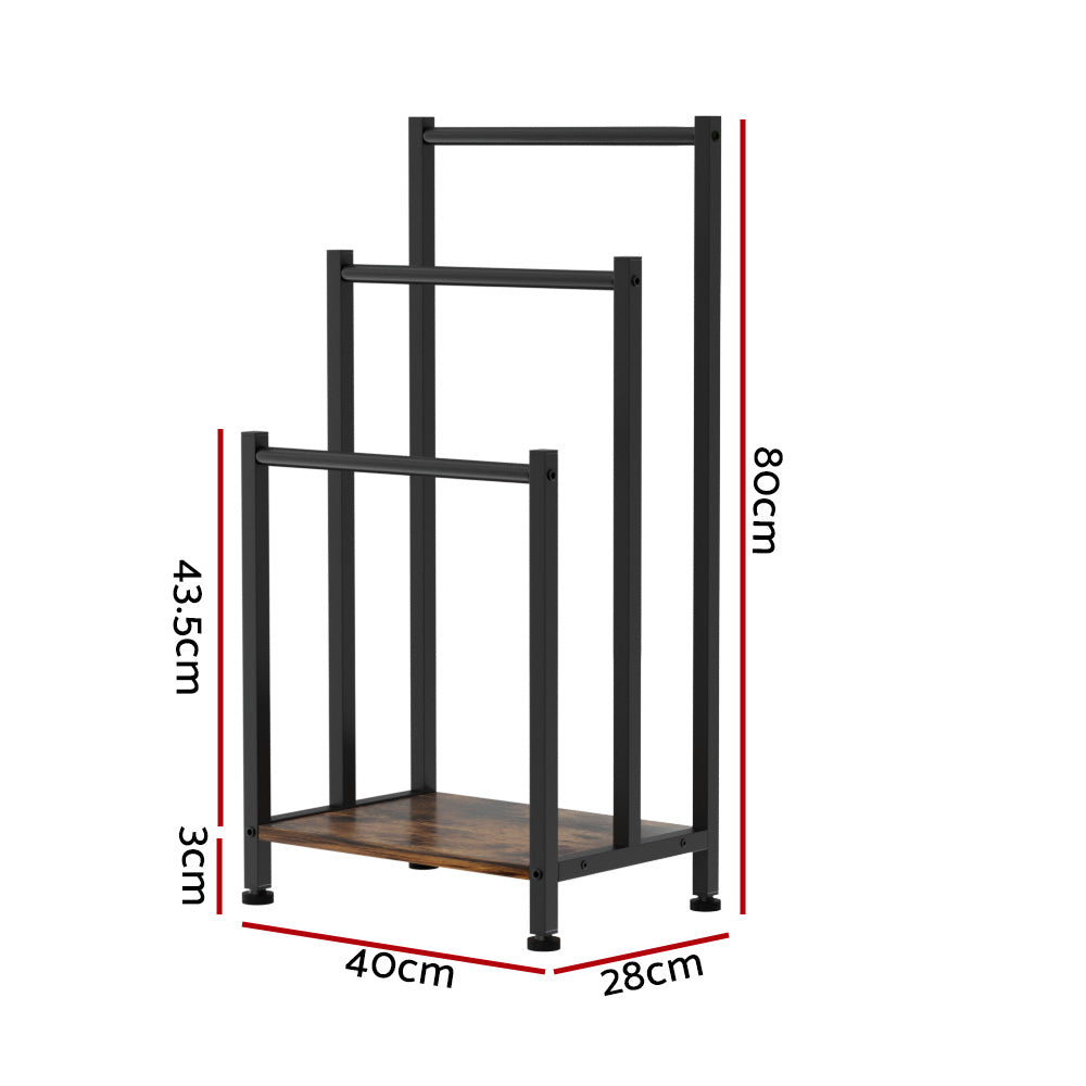 Freestanding 3-Tier Towel Rack Black Steel MDF Bathroom Organiser
