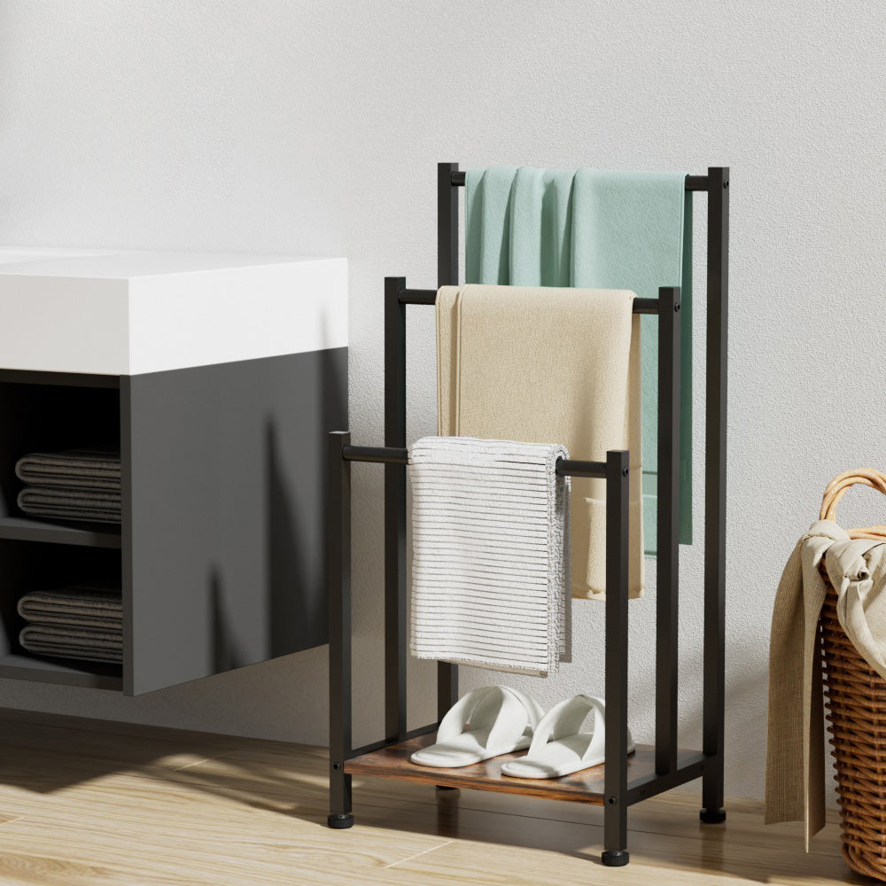 Freestanding 3-Tier Towel Rack Black Steel MDF Bathroom Organiser