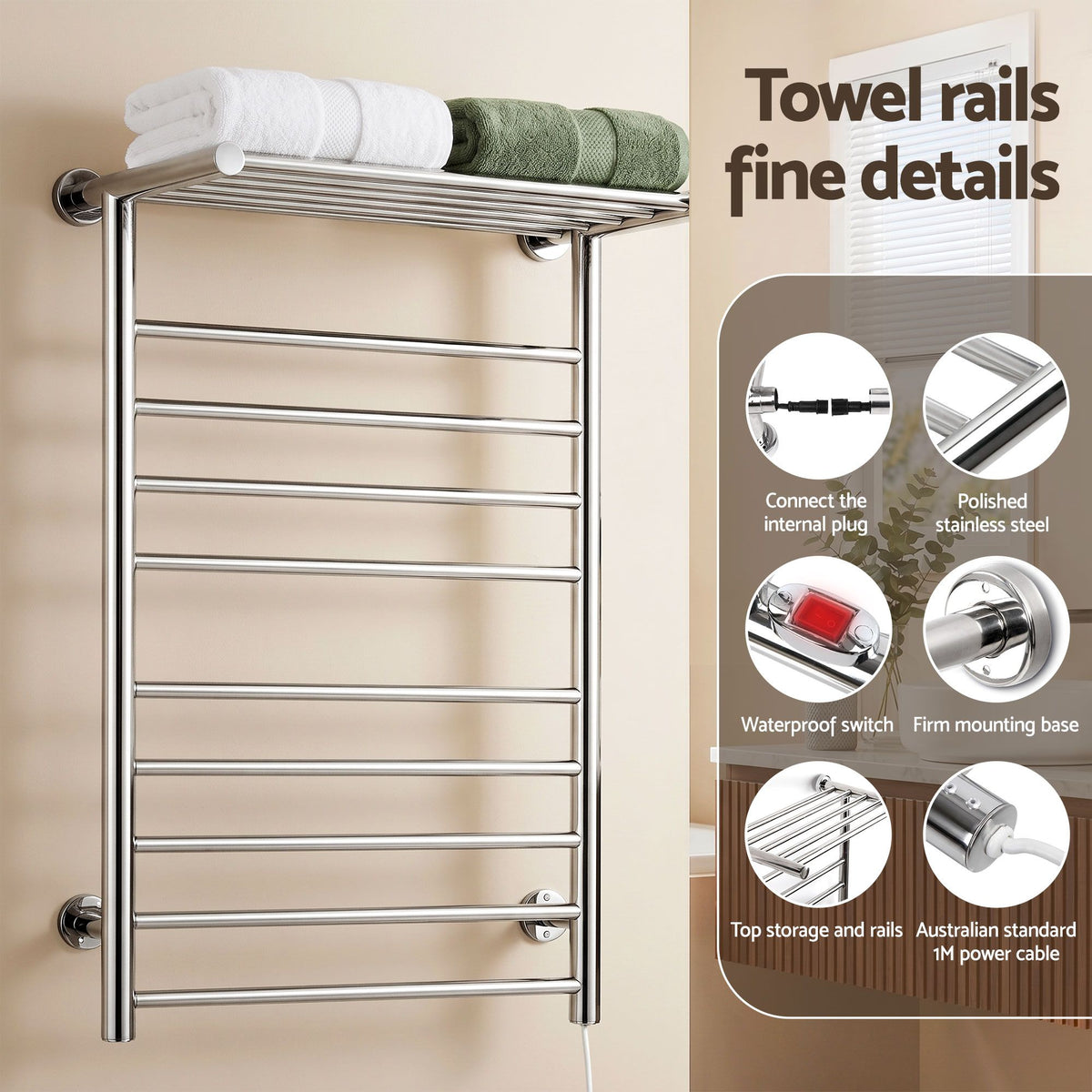 Devanti Electric Heated Towel Rail 14 Bars Wall Mounted Warmer