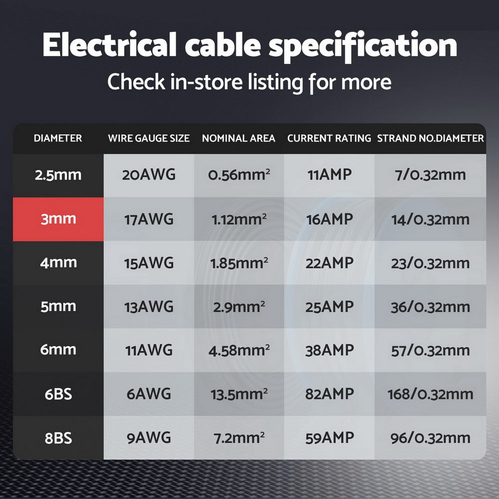Giantz 10m Automotive Twin Core Electrical Cable 3MM Black