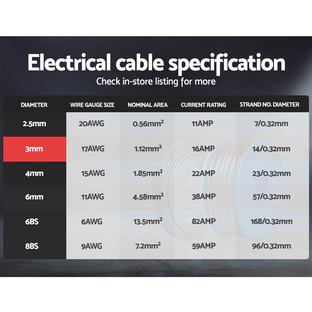 Giantz 30m 3mm Twin Core Electrical Cable Extension 450V Black