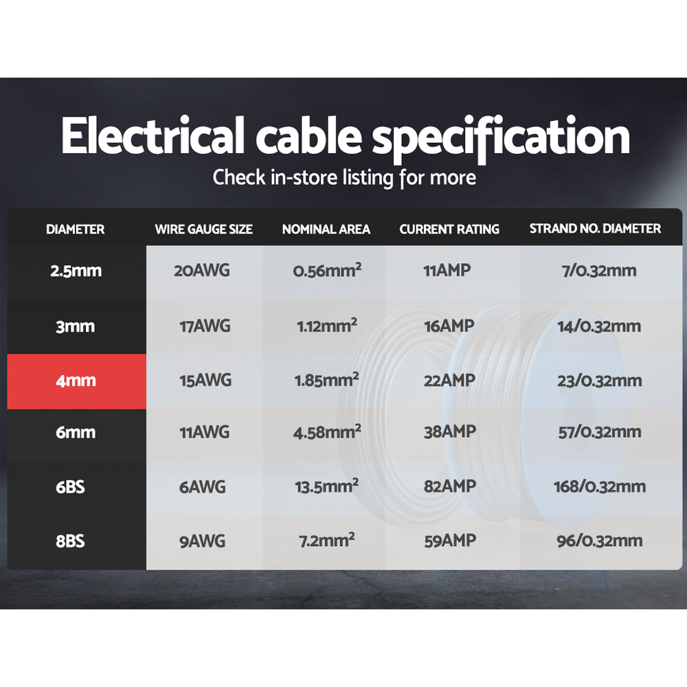 Giantz 30m Twin Core Electrical Cable 4mm Black Sheath