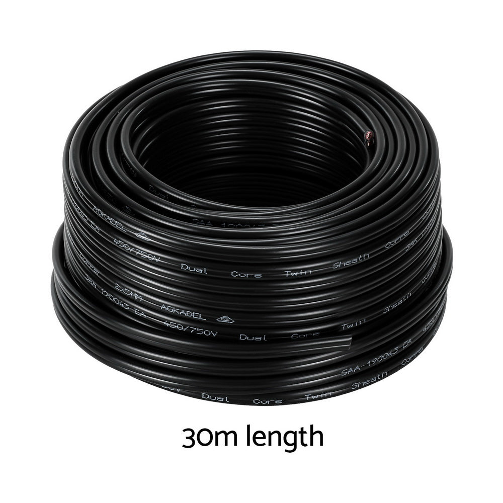 Giantz 30m Twin Core Electrical Cable 5MM Black Automotive 450V