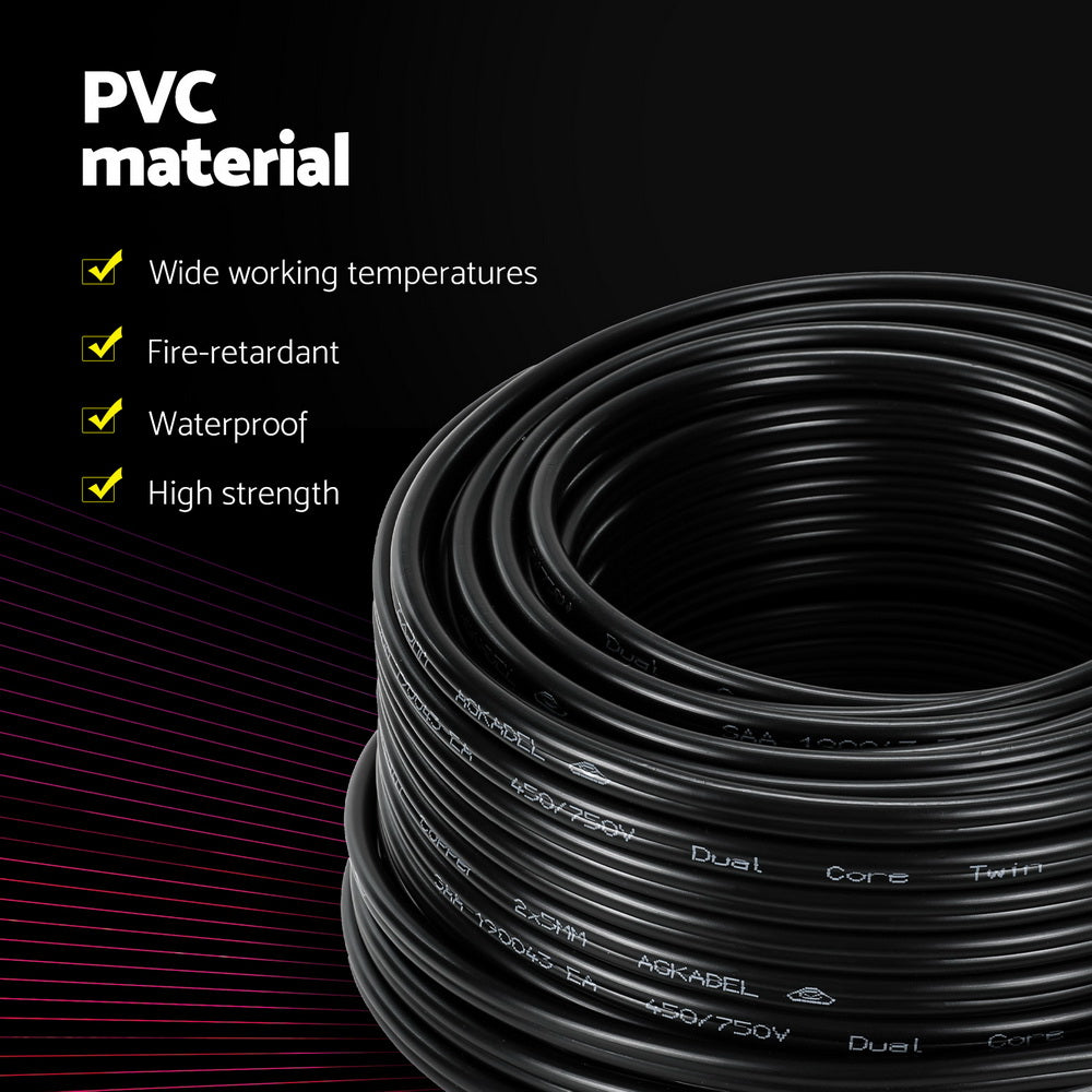 Giantz 30m Twin Core Electrical Cable 5MM Black Automotive 450V
