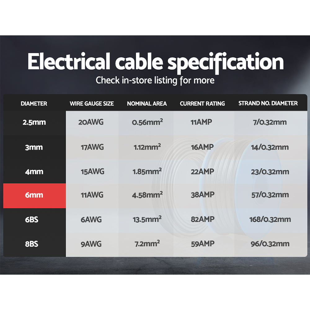 Giantz 30m 6mm Twin Core Electrical Cable 450V Black