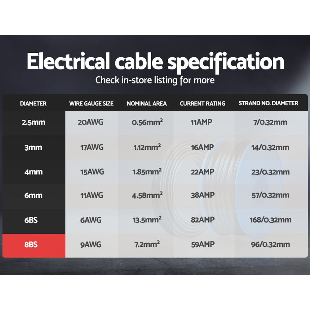 Giantz 10M Twin Core Electrical Cable 8B&S Automotive Black