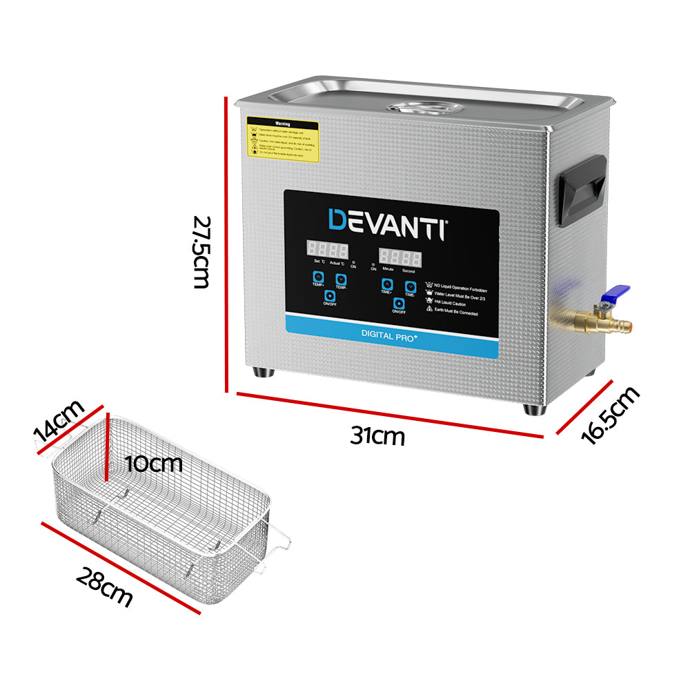 Devanti 6.5L Ultrasonic Cleaner Heater Timer Industrial 180W