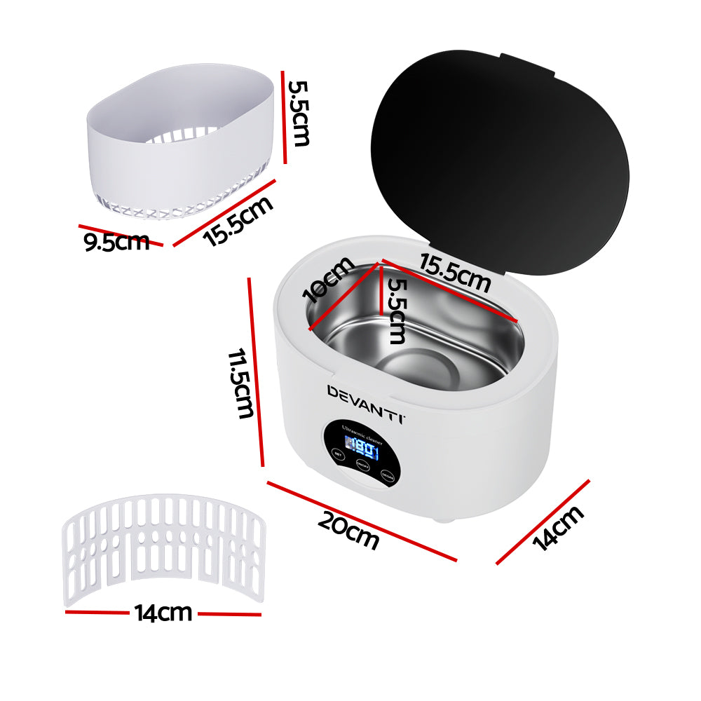 Devanti 600ml Ultrasonic Cleaner Timer Degas for Jewellery & Glasses