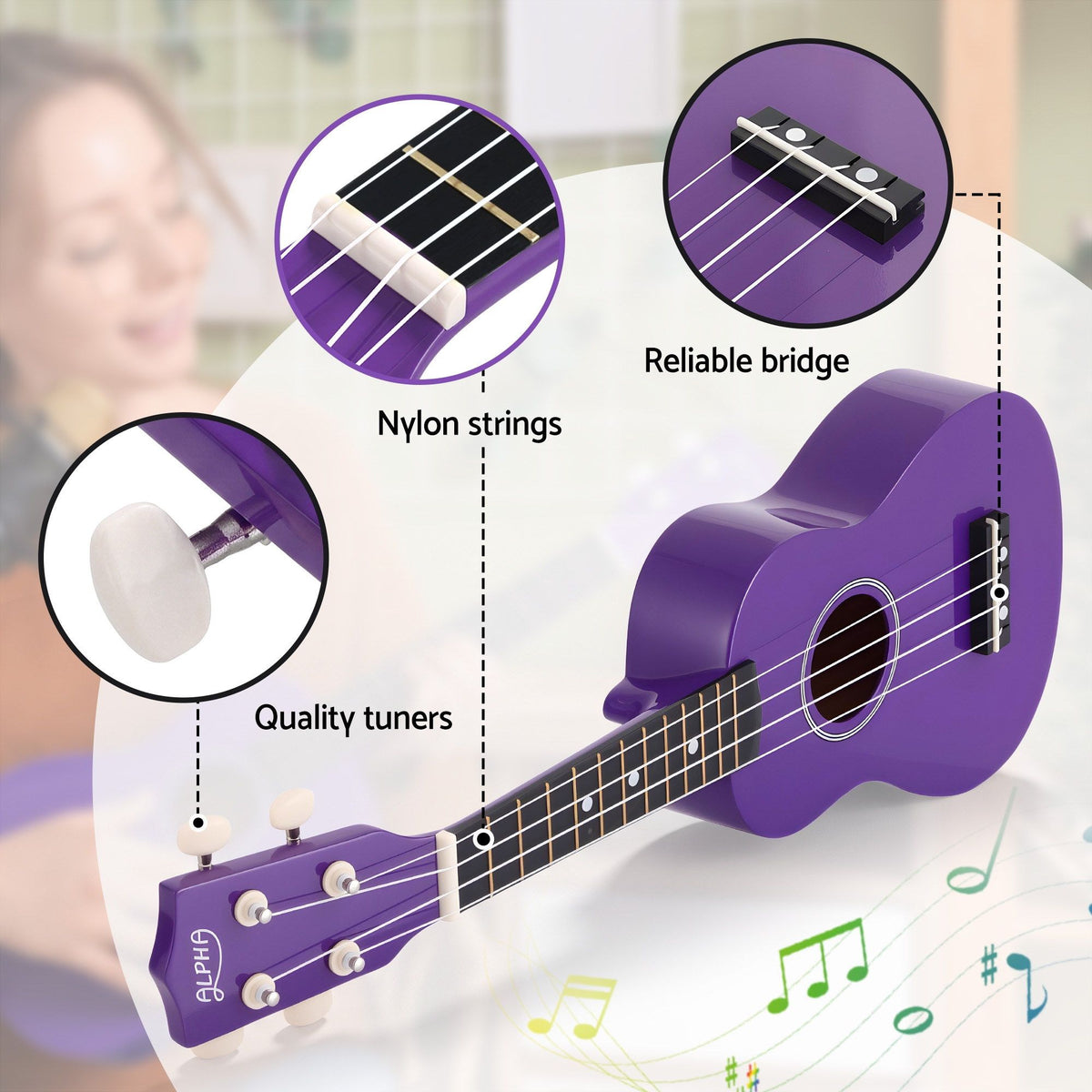 Alpha 21 Inch Soprano Ukulele Beginner Acoustic Kids Purple
